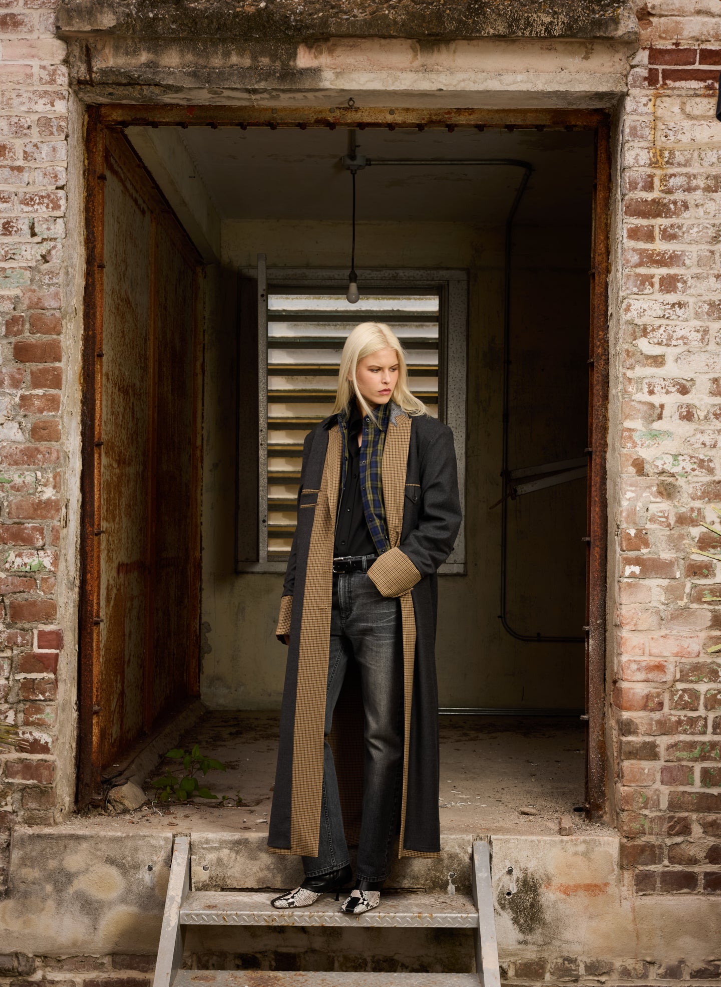 Cedar Multi Tan Menswear Tech Twill Tailored Men's Maxi Coat - editorial image on model
