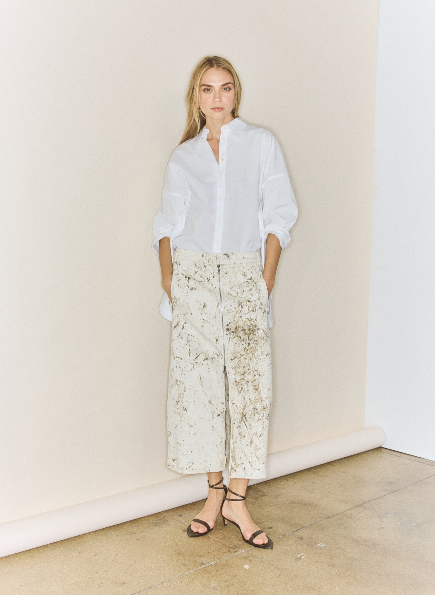 Calcimin Denim Midi Trouser Zip Skirt editorial image on model