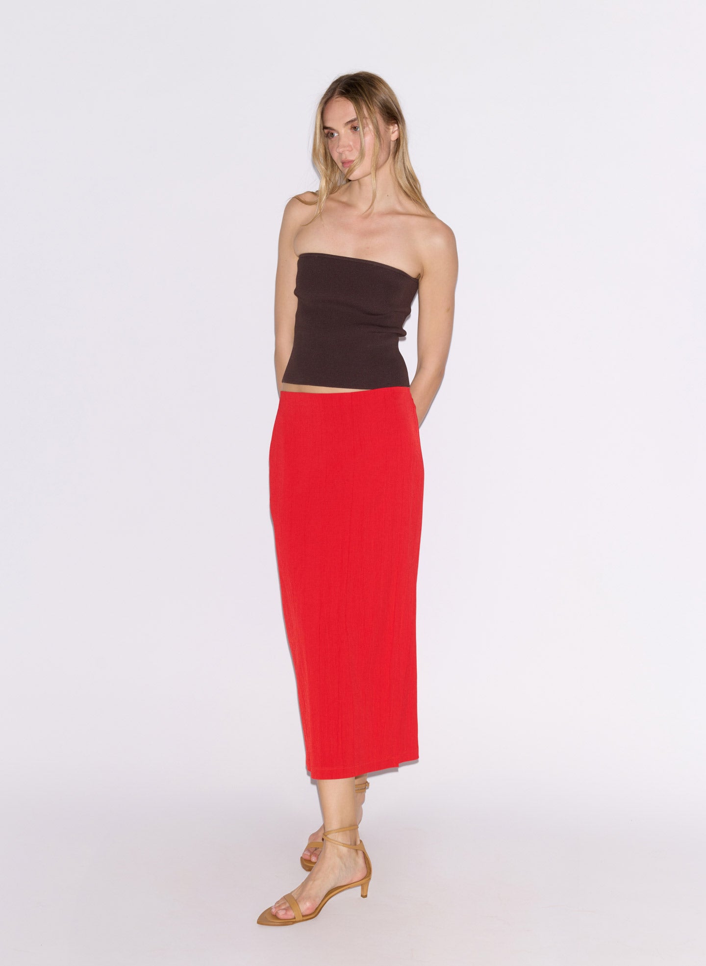 Red Creased Stretch Crepe Skirt - editorial image on model
