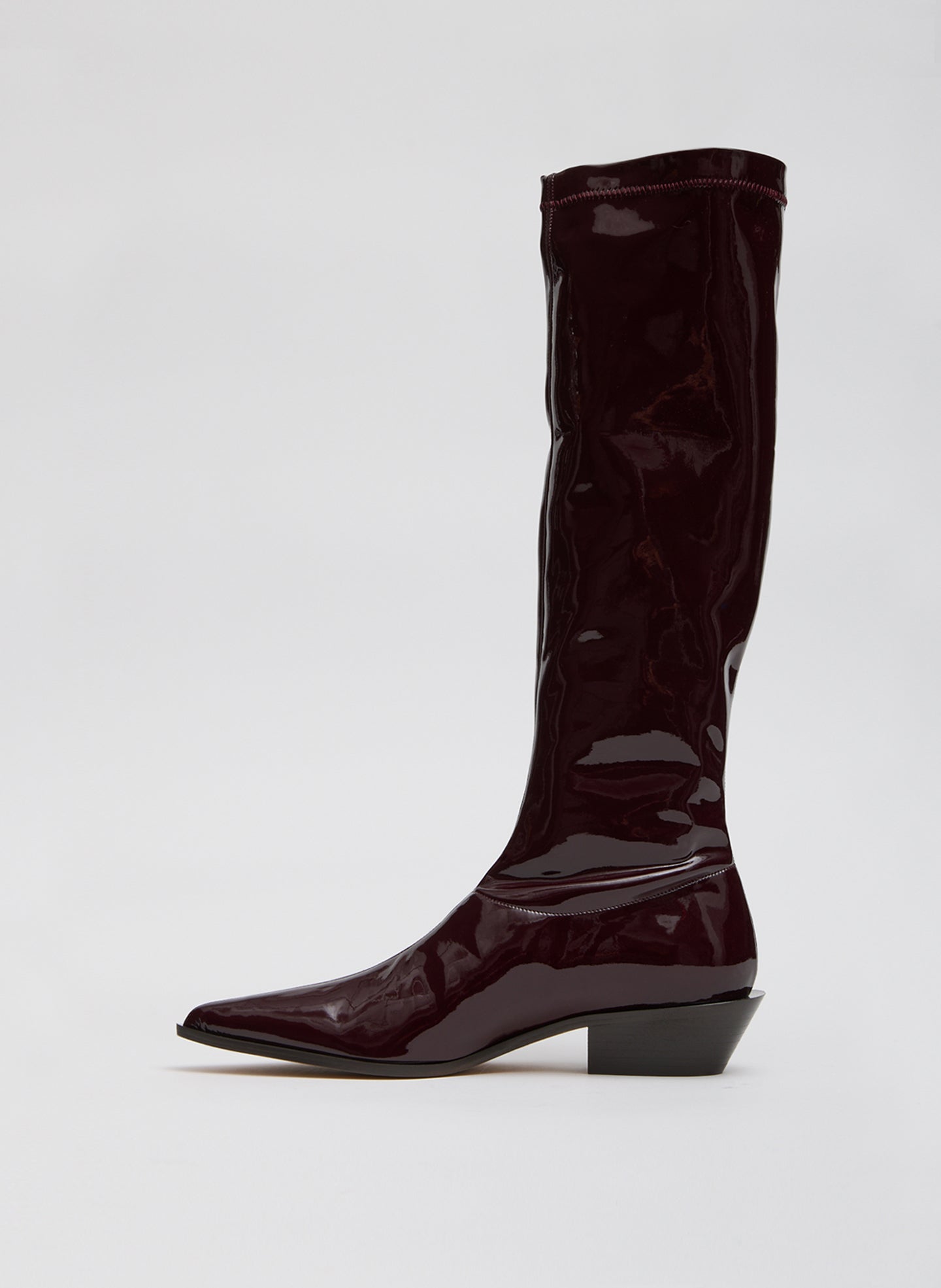 Deep Red Bronson Boot - Regular Calf - patent leather, knee high, pointed toe, side view