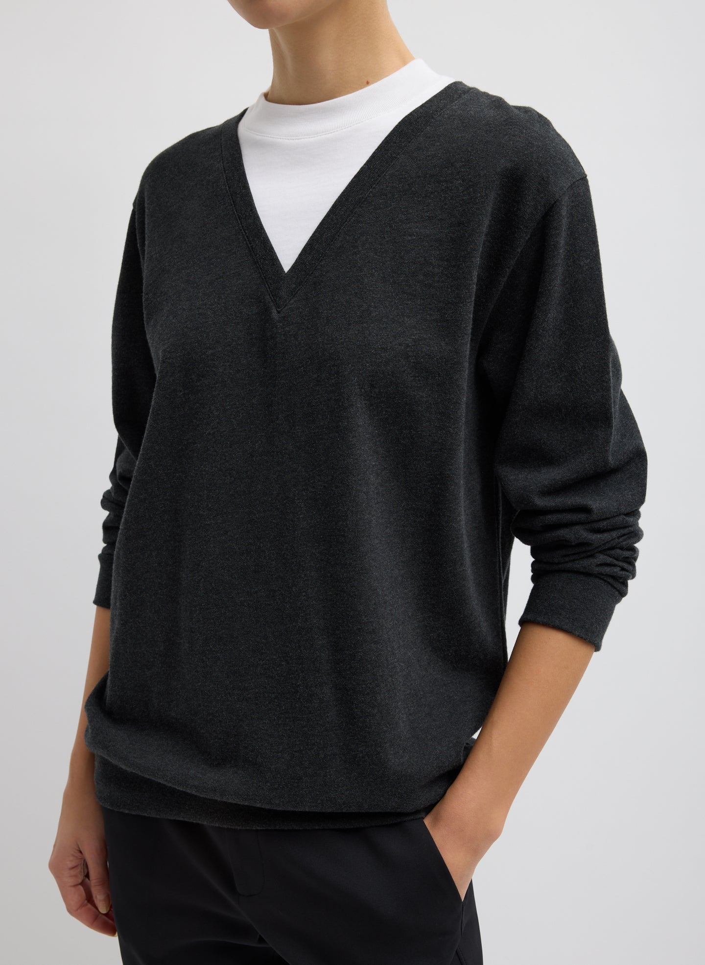 Grey Perfect T-Shirt Trompe L'oeil Top - side view on model