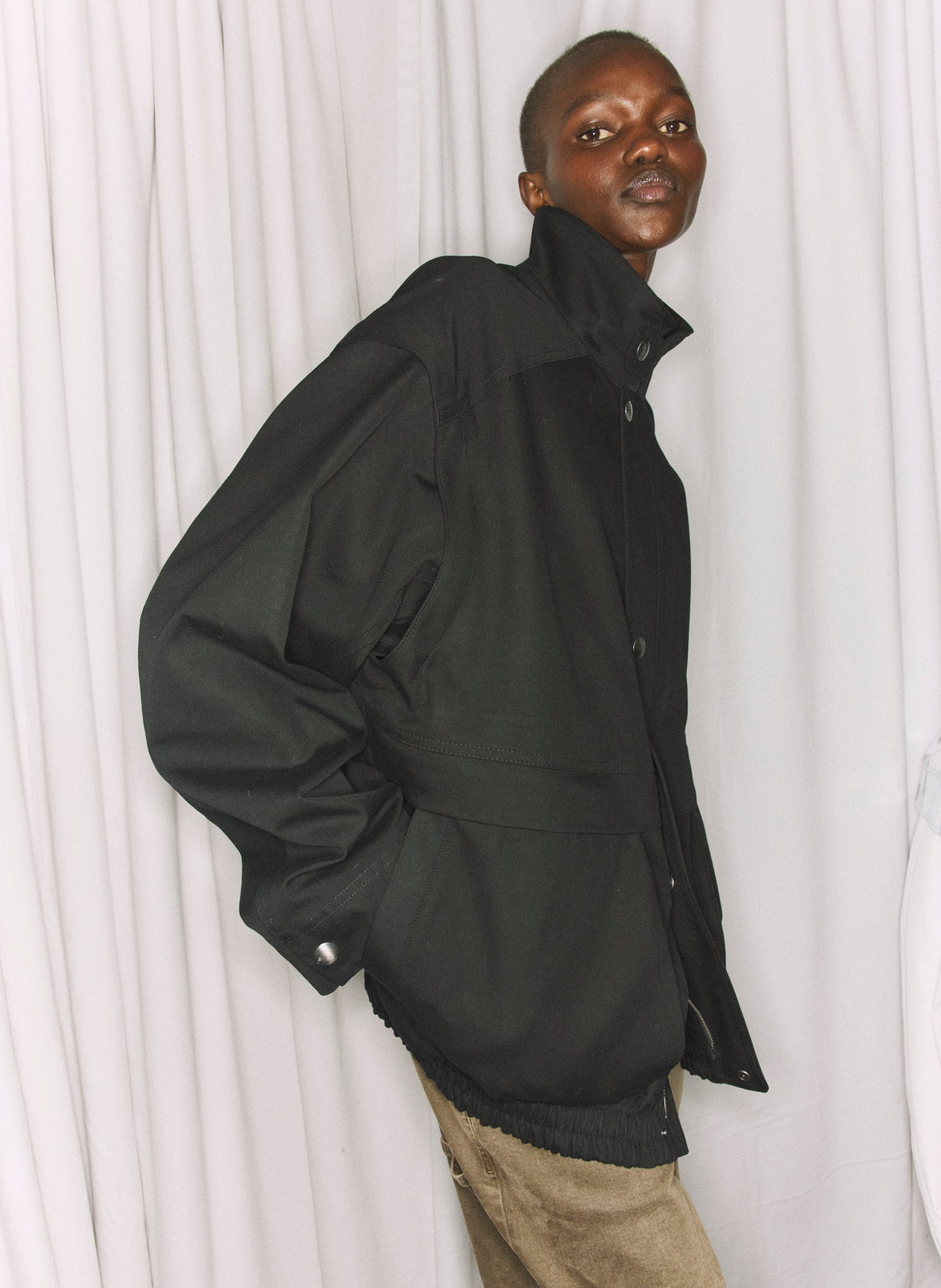 Black Patchwork Twill Bomber Jacket - editorial image on model