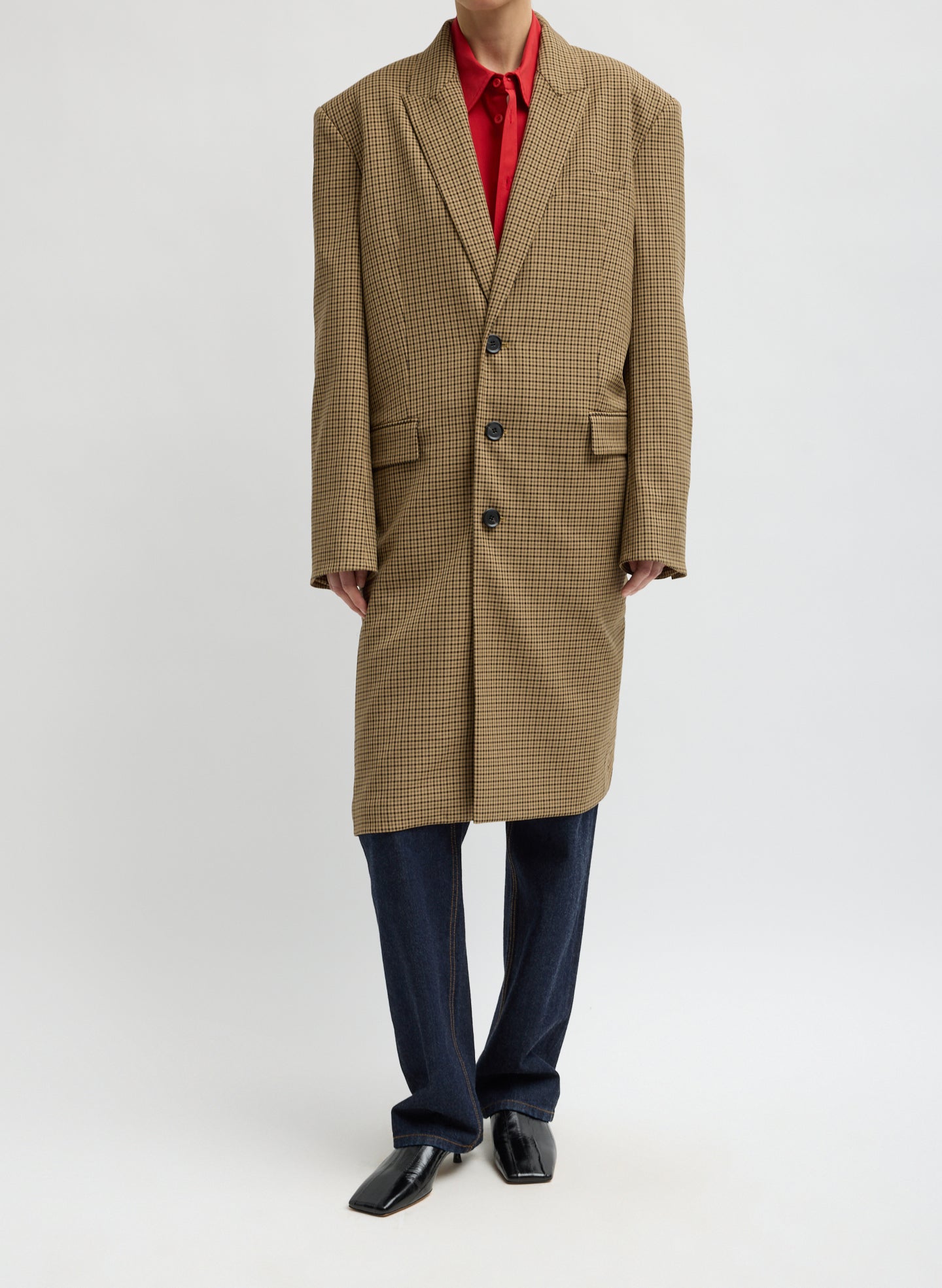 Cedar Multi Tan Check Menswear Tech Twill Tailored Midi Men's Coat - front view on model