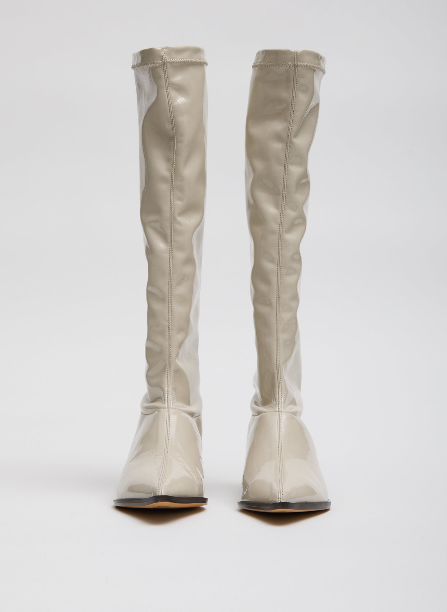Taupe Bronson Boot - Narrow Calf - patent leather, knee high, pointed toe, front view