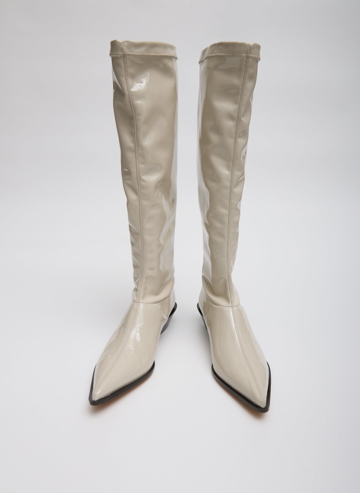 Taupe Bronson Boot - Narrow Calf - patent leather, knee high, pointed toe, front view