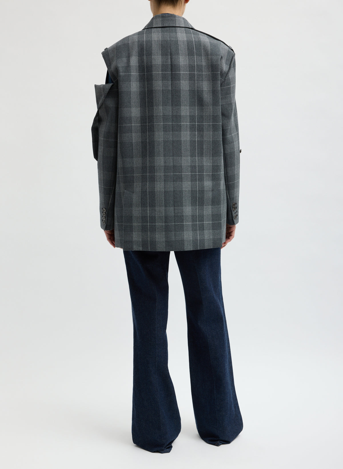 Grey Papery Wool Plaid Easy Men's Blazer - oversized, double-breasted blazer, back view on model