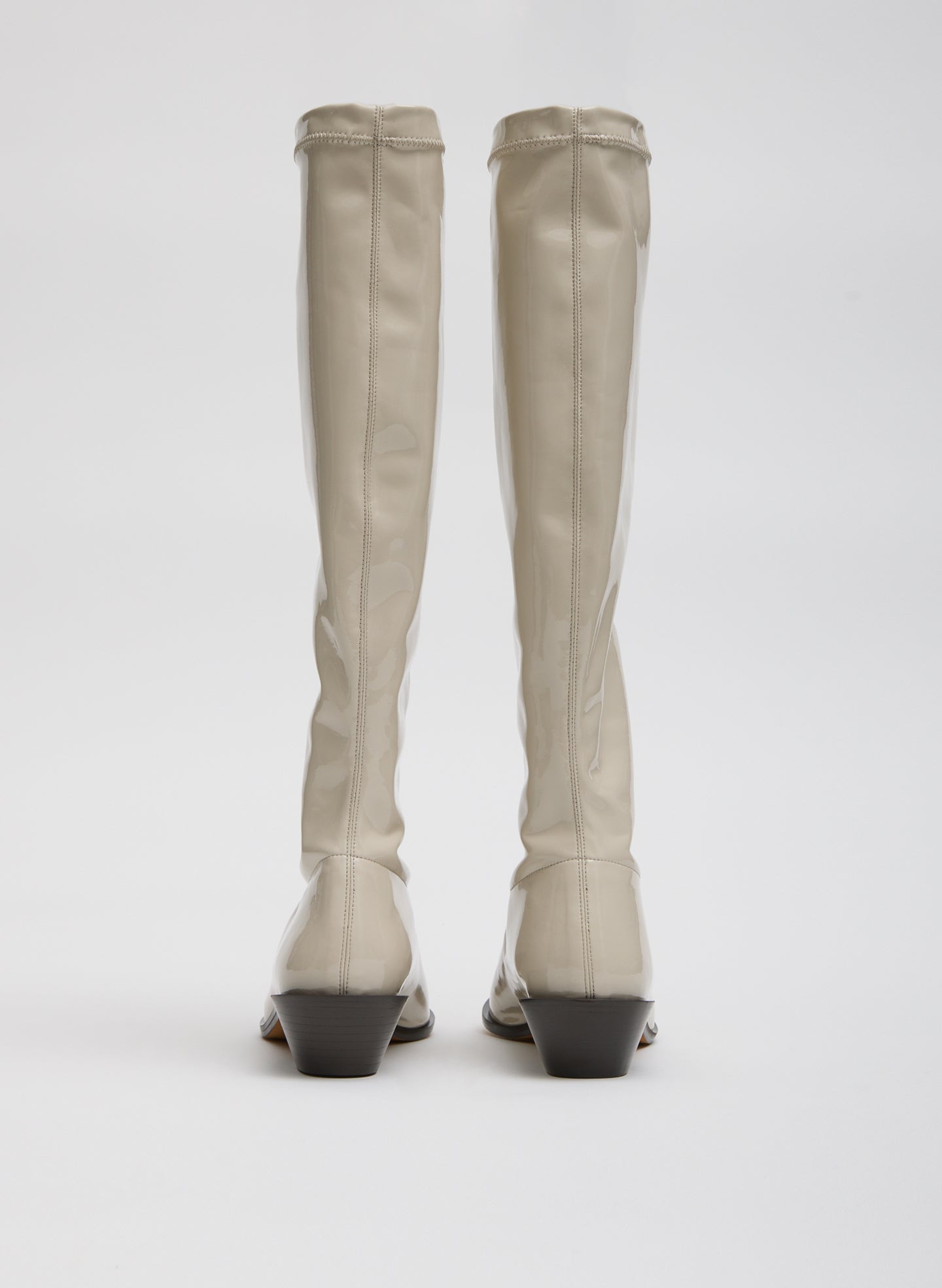 Taupe Bronson Boot - Narrow Calf - patent leather, knee high, pointed toe, back view
