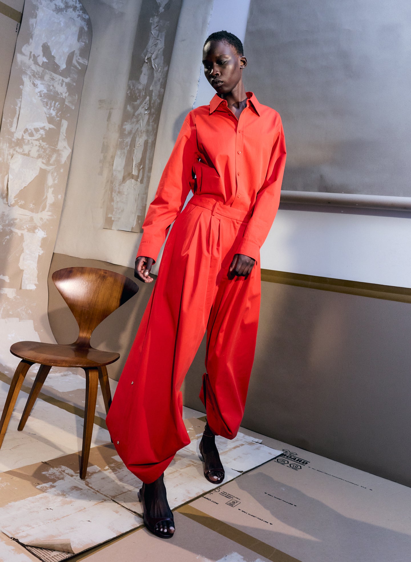 Red Bio Twill Triple Pleat Pant + Easy Shirt - editorial image on model