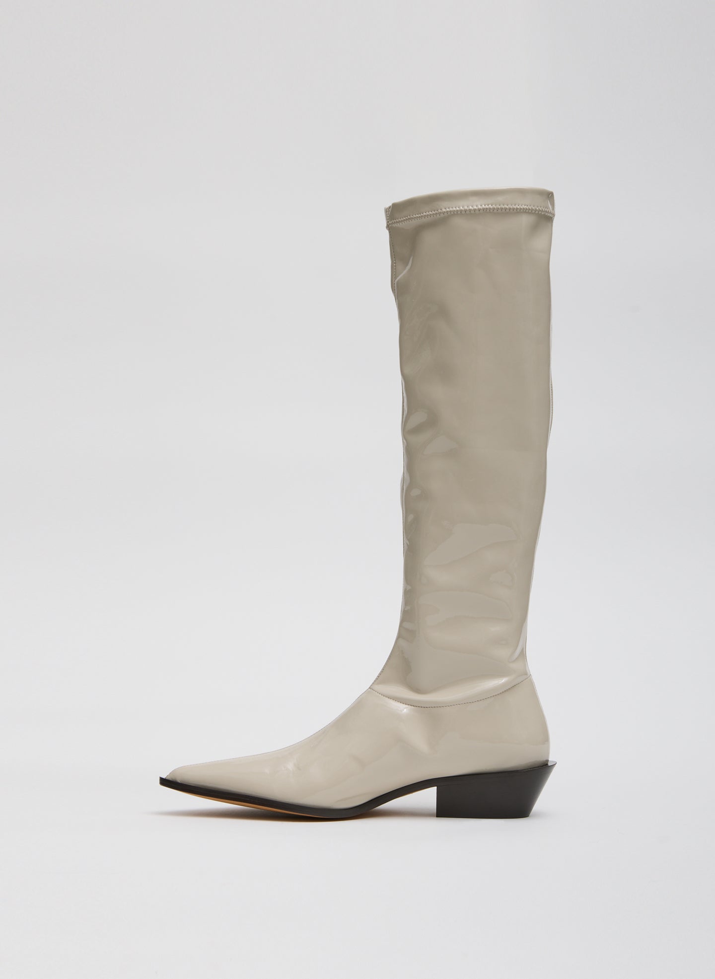 Taupe Bronson Boot - Narrow Calf - patent leather, knee high, pointed toe, side view