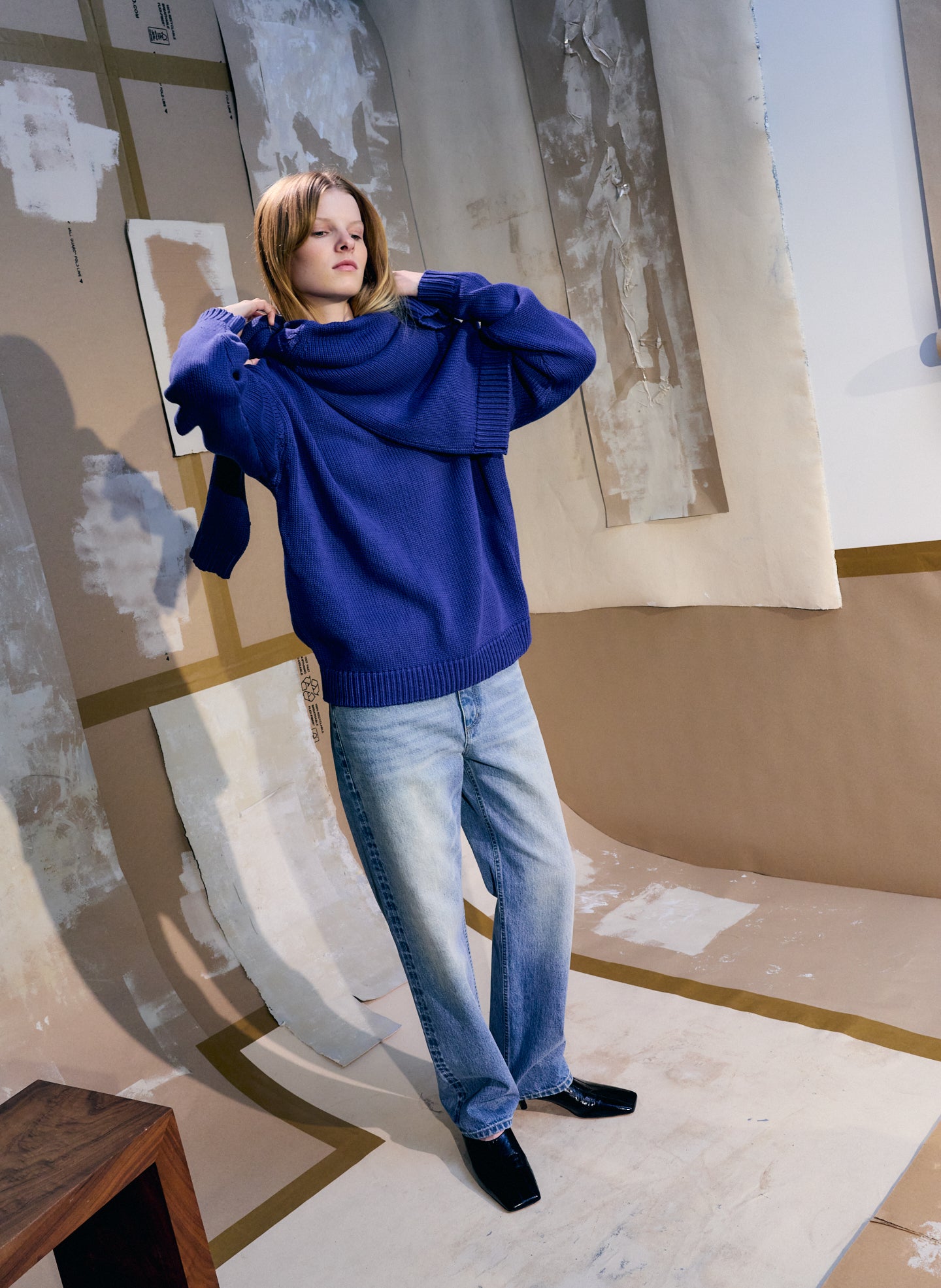 Blue Cotton Wool Crewneck Pullover - thick knit sweater, editorial image on model