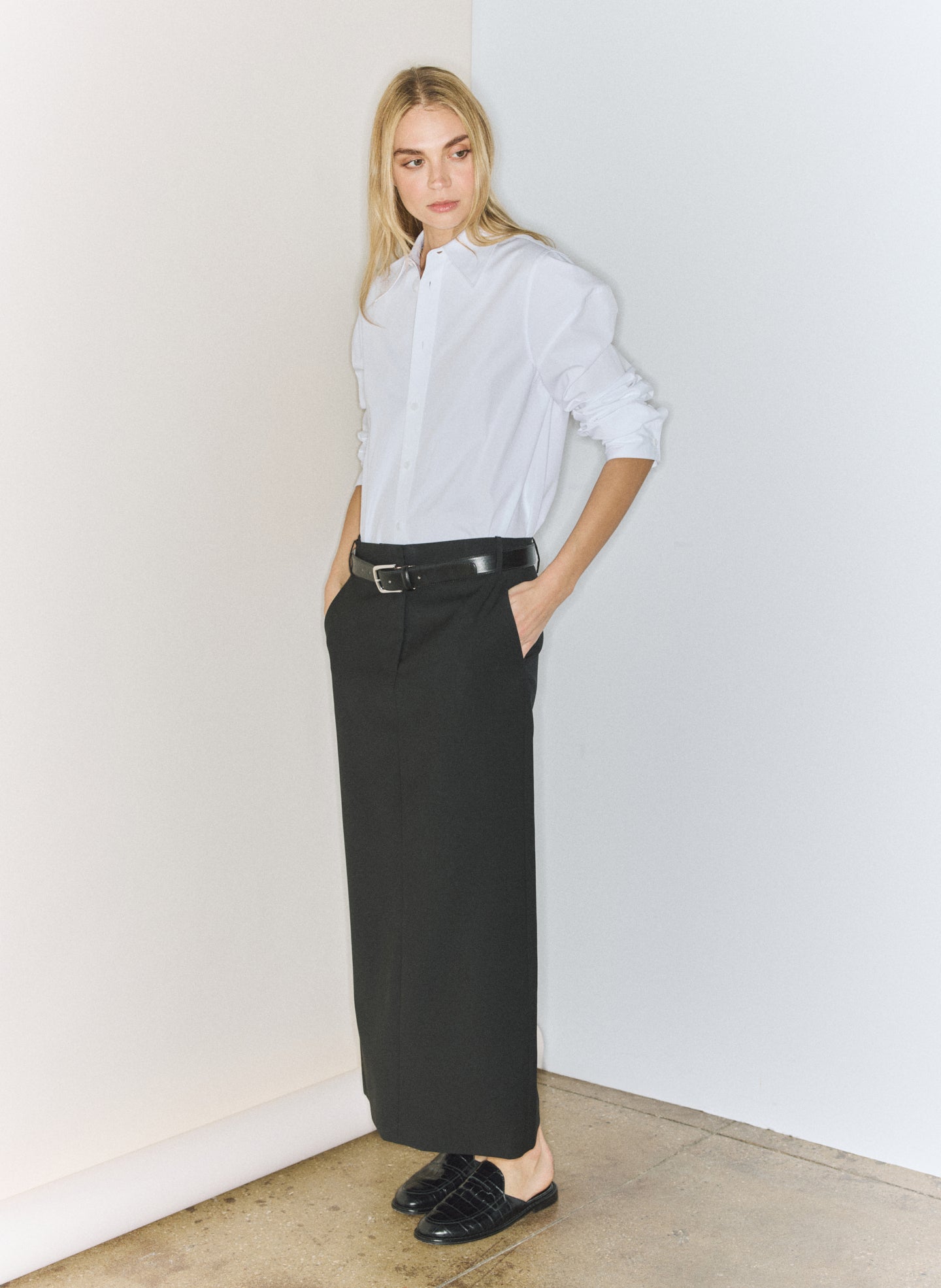 White Compact Eco Poplin Hinged Shirt - editorial image on model