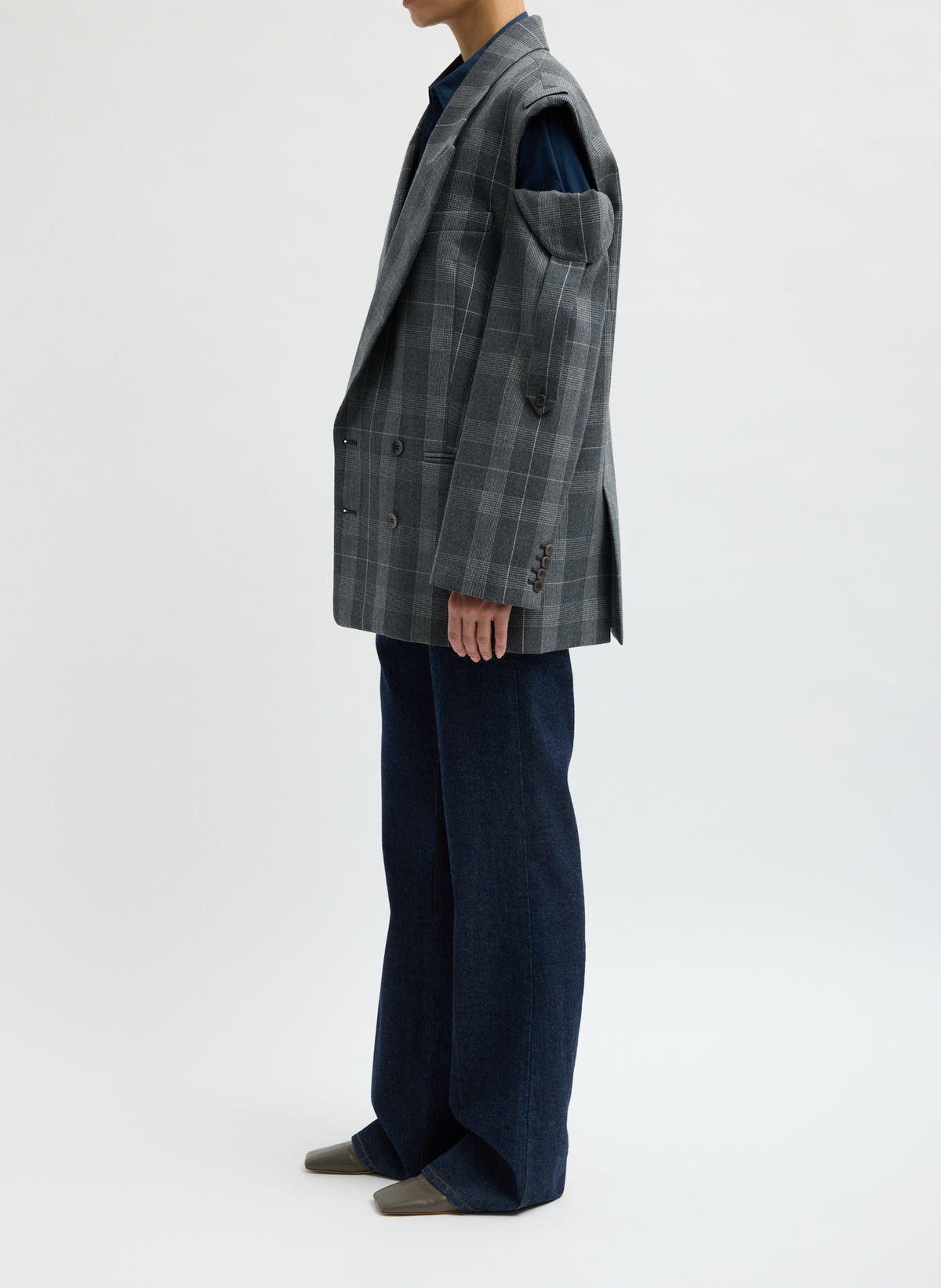 Grey Papery Wool Plaid Easy Men's Blazer - oversized, double-breasted blazer, side view on model