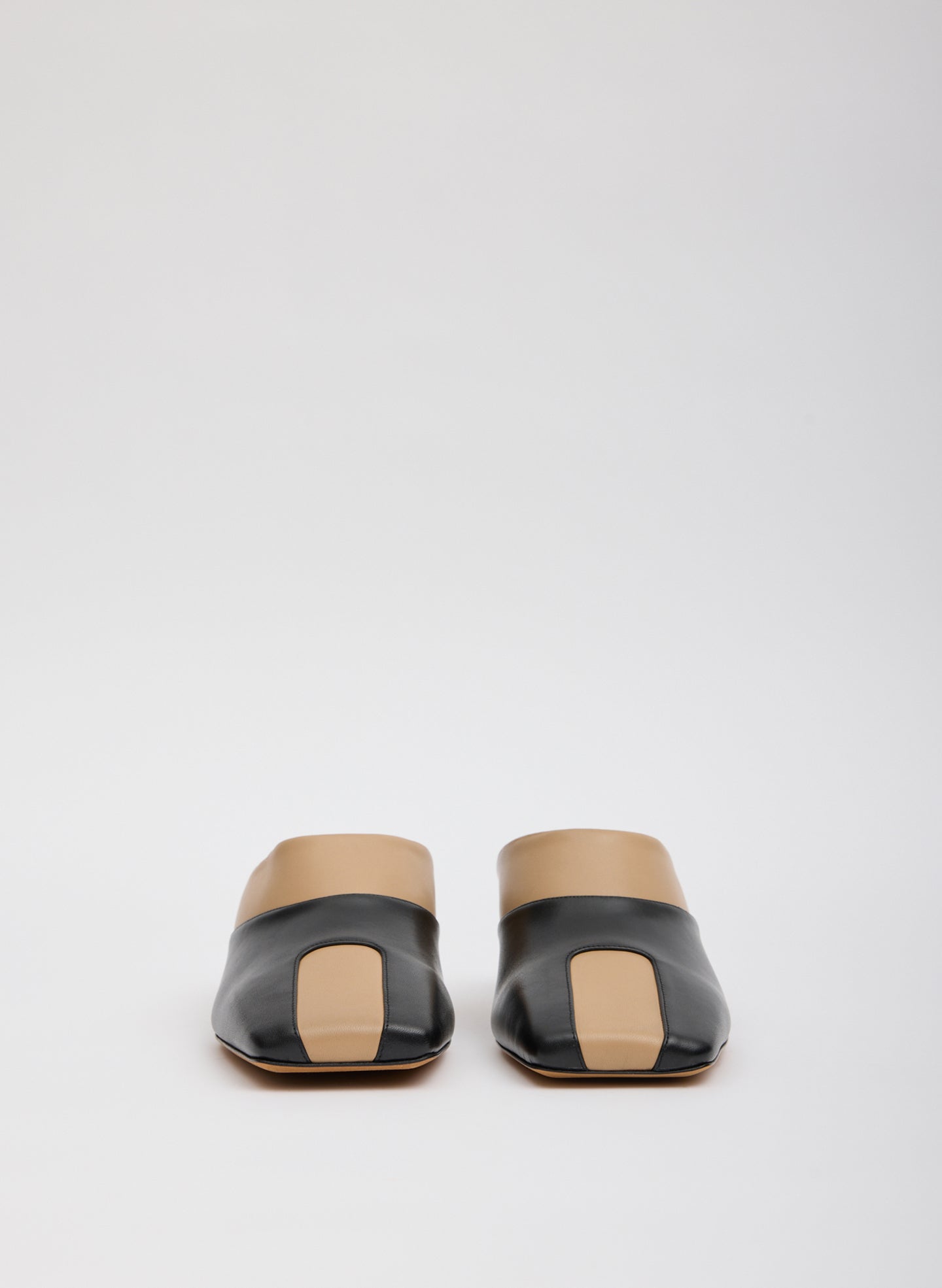Two Tone Beige and Black Leather Gwinnett Heeled Mules - front view
