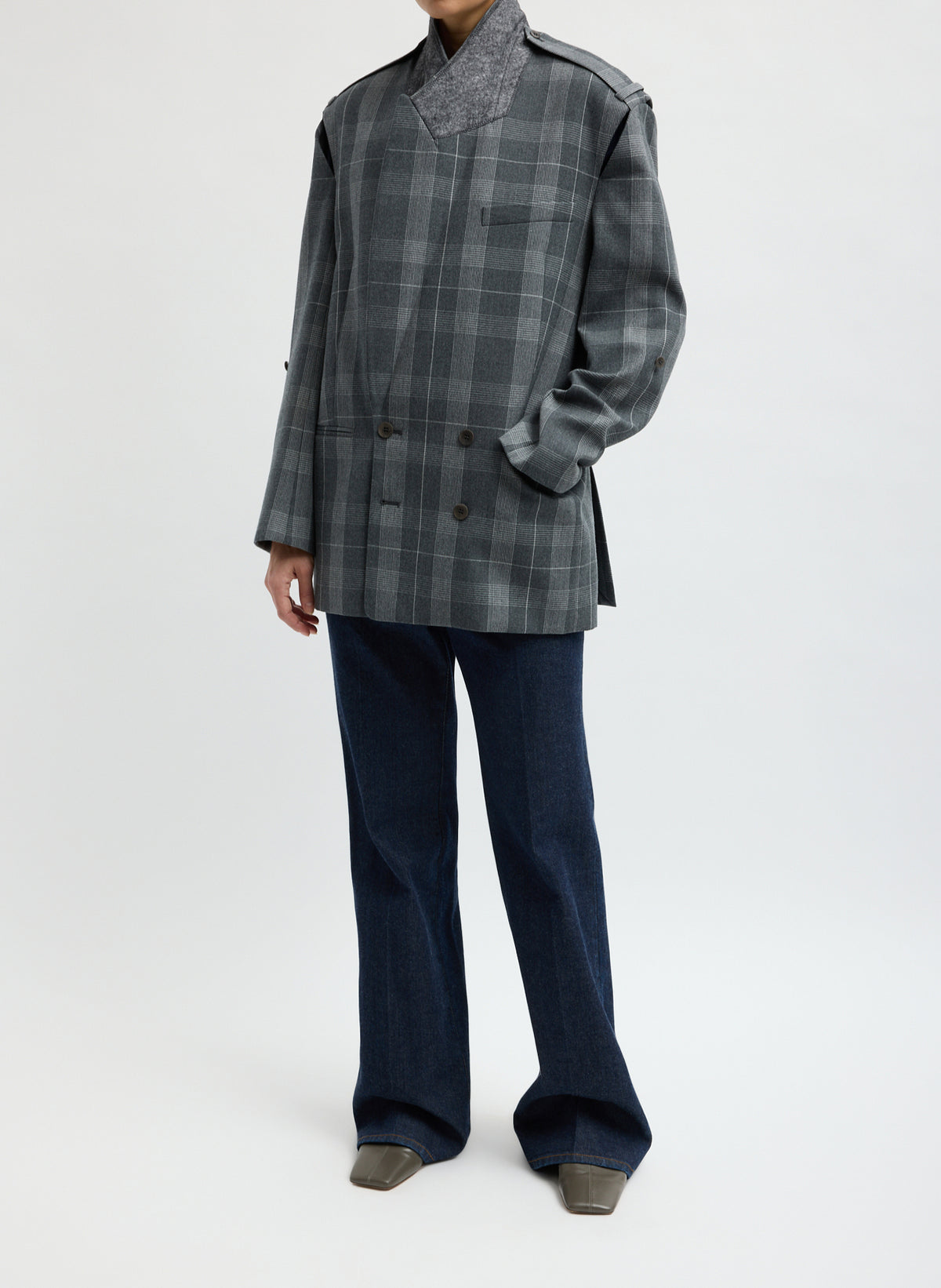 Grey Papery Wool Plaid Easy Men's Blazer - oversized, double-breasted blazer, front view on model