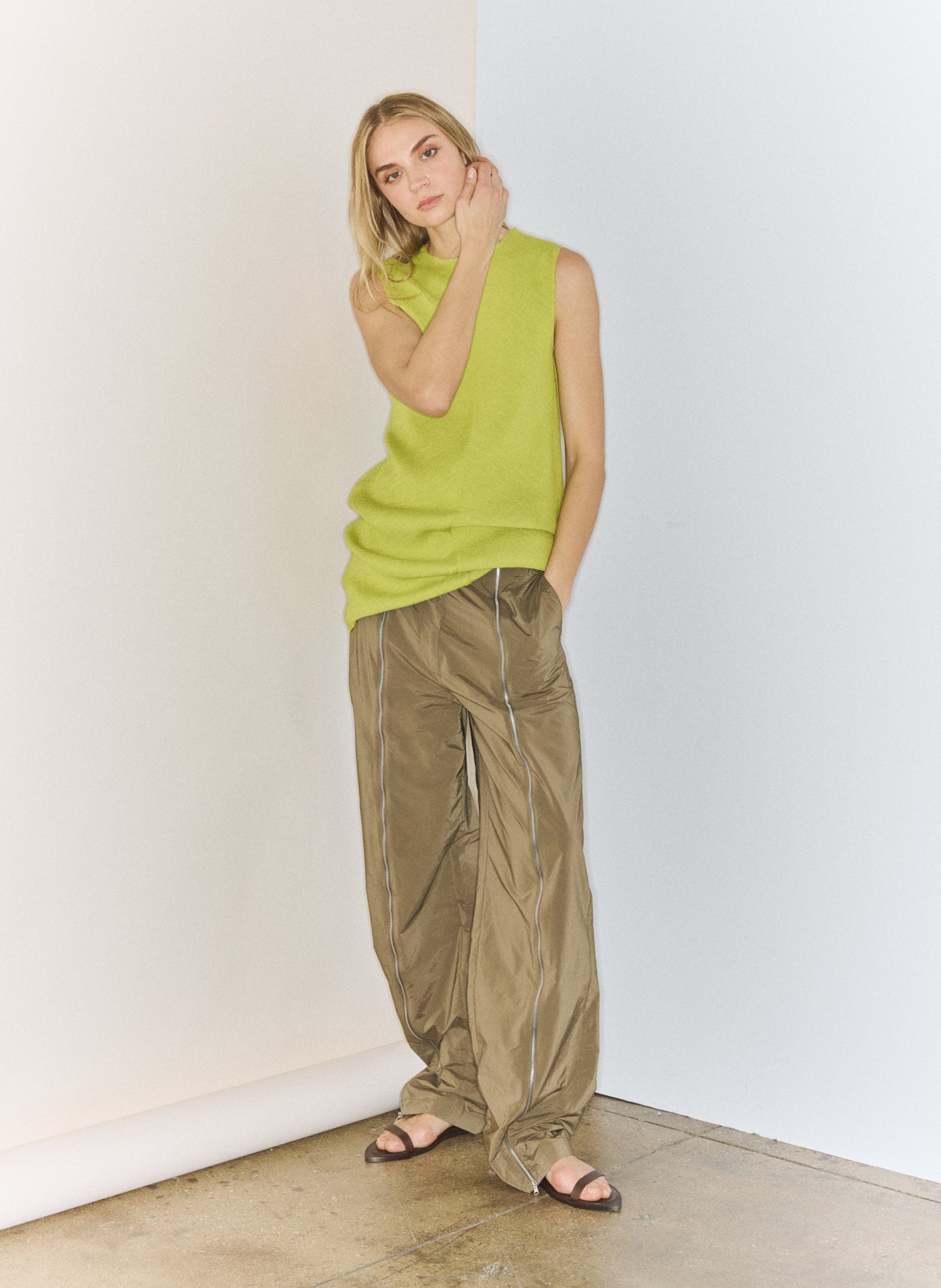 Dark Taupe Nylon Zipper Trouser - editorial image on model