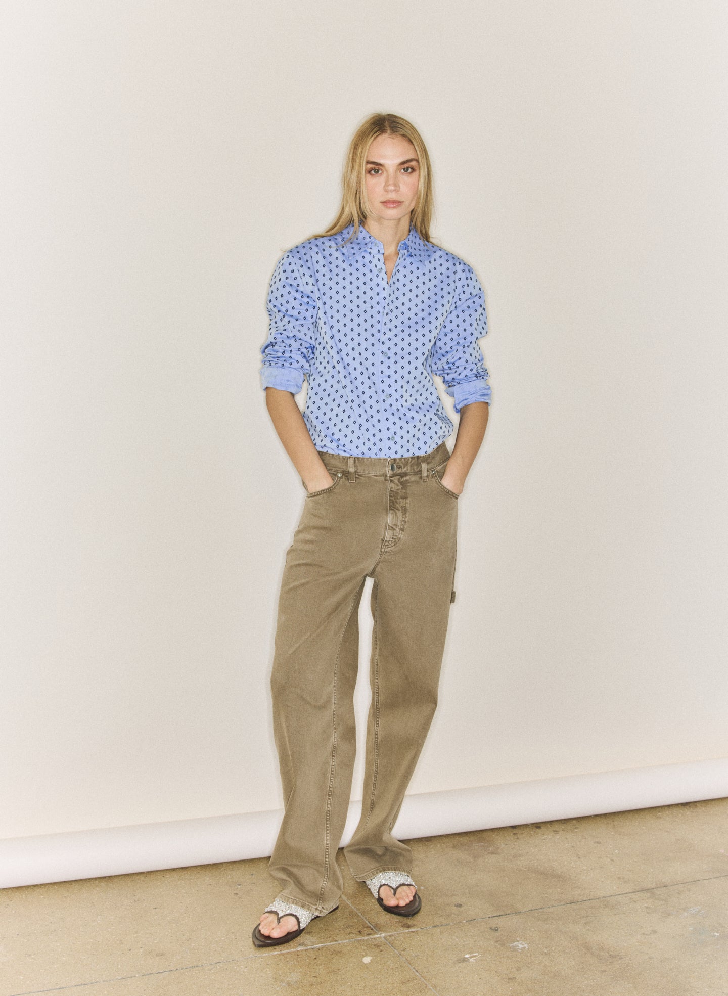 Blue Flocked Oxford Classic Men's Shirt - editorial image on model