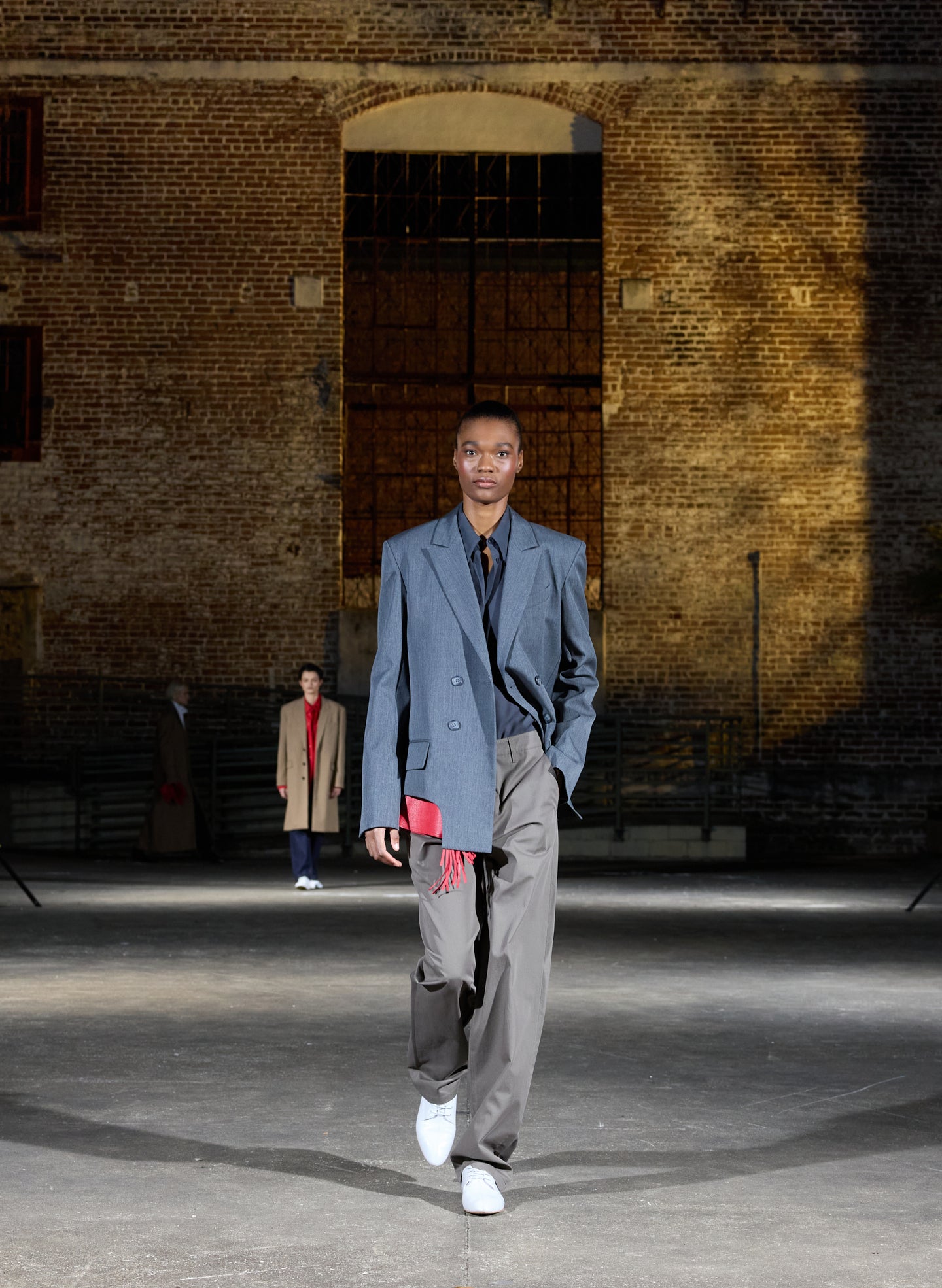 Heather Grey Gossamer Wool Melange Blazer - editorial image on model