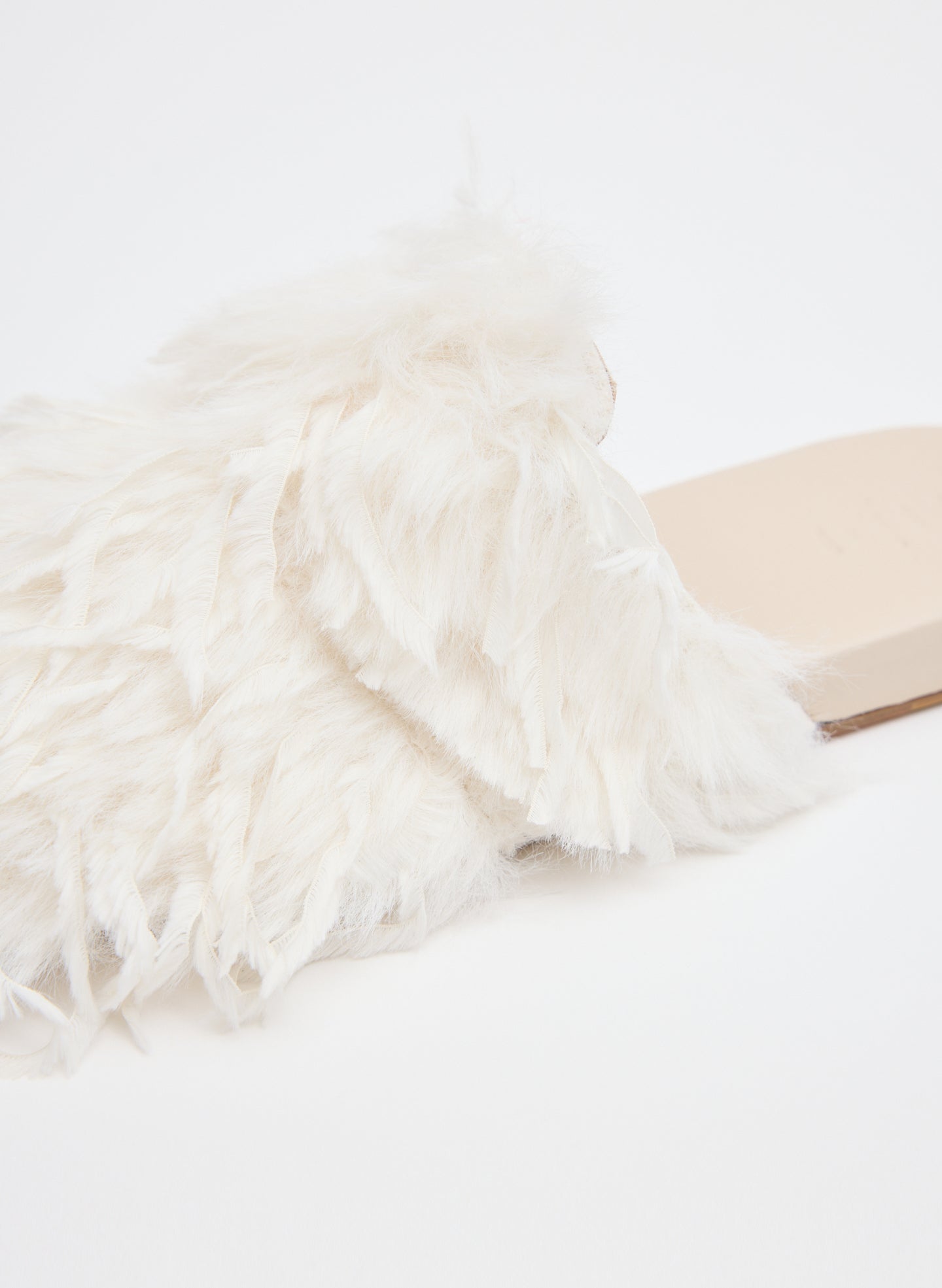 Cream Faux Feather Granger Slide - feathered slide, closeup view 