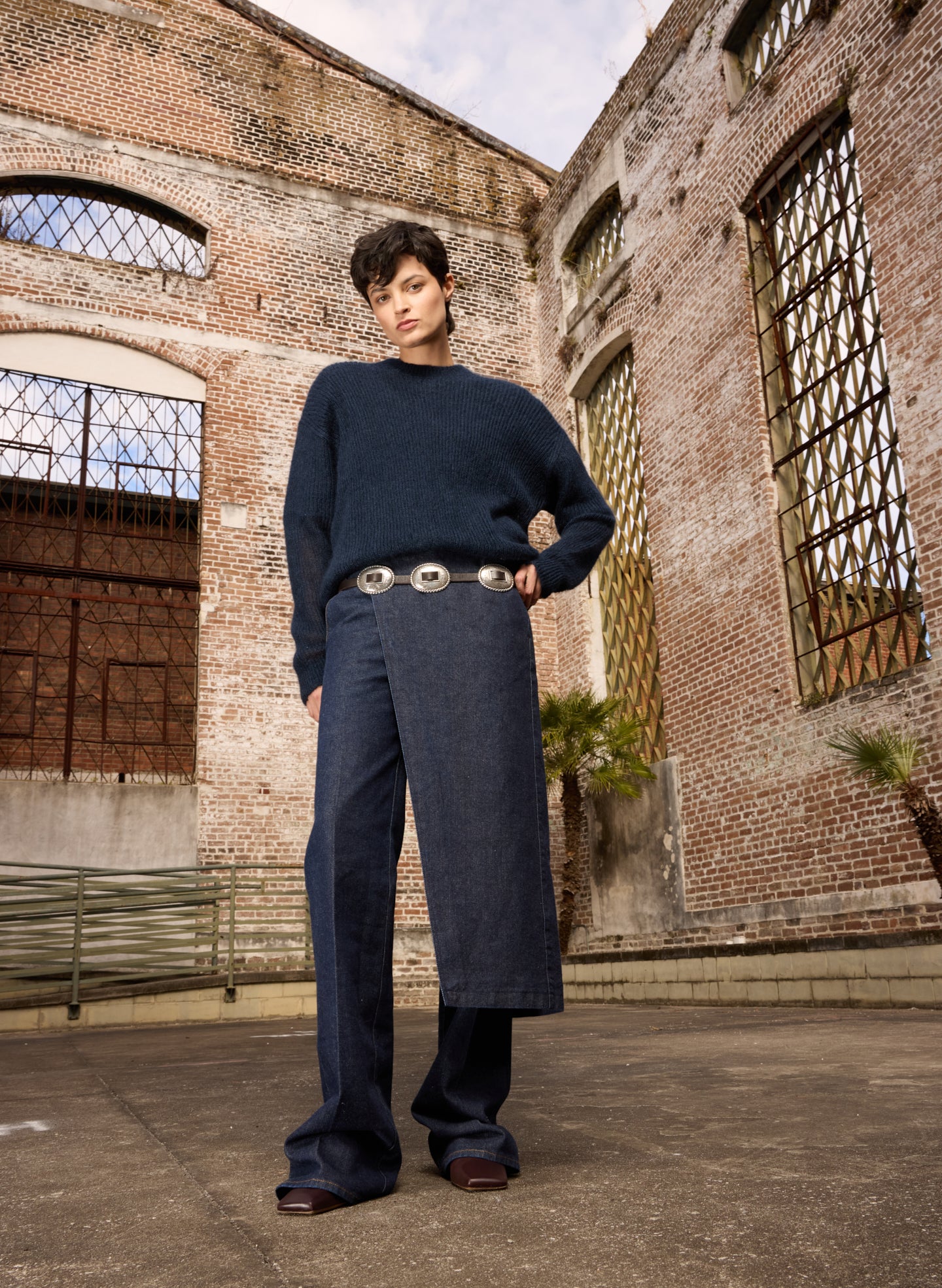 Indigo Denim Double Apron Skirt - editorial image on model