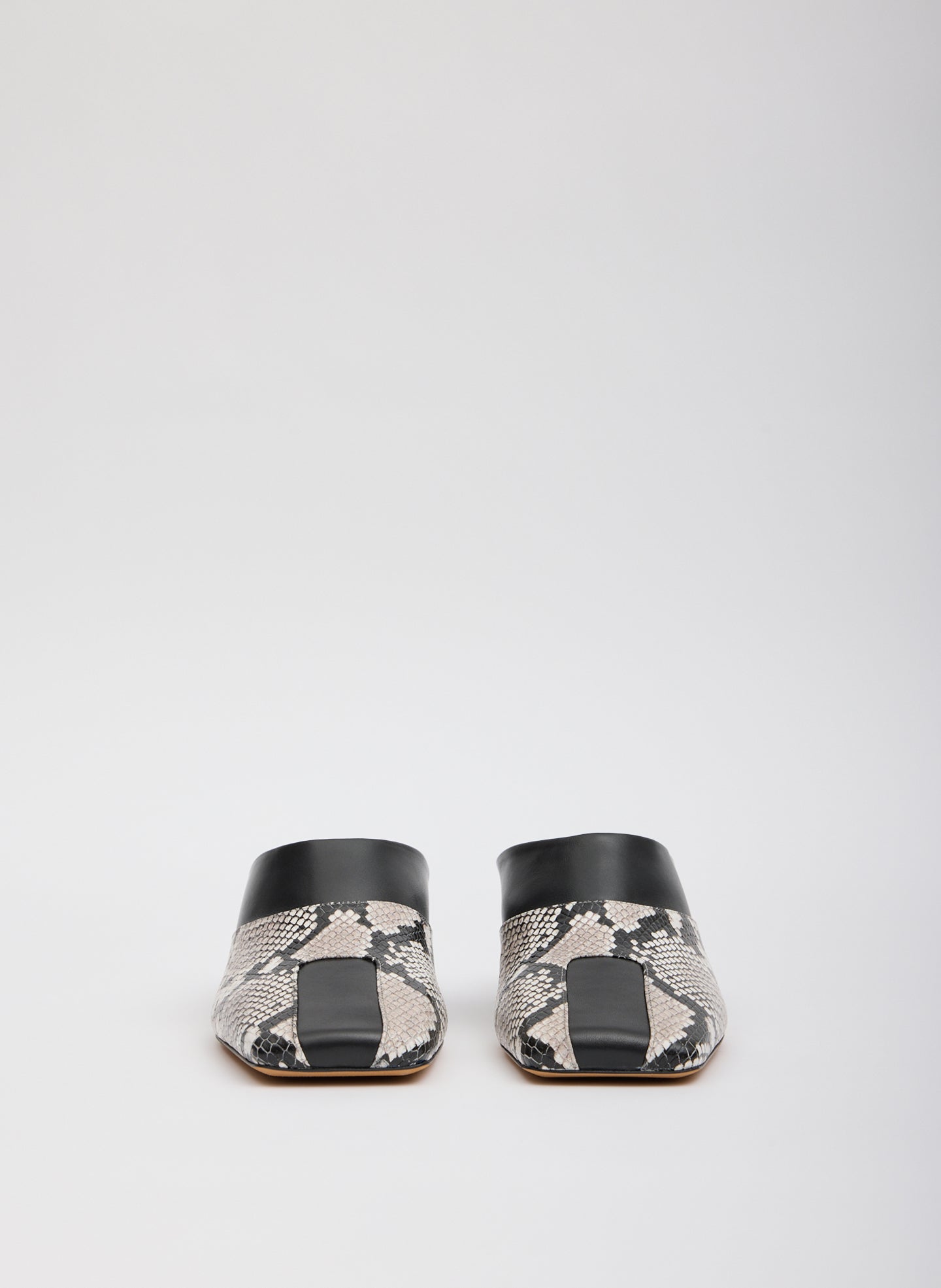Two Tone Black and Snake Embossed Leather Gwinnett Heeled Mule - front view