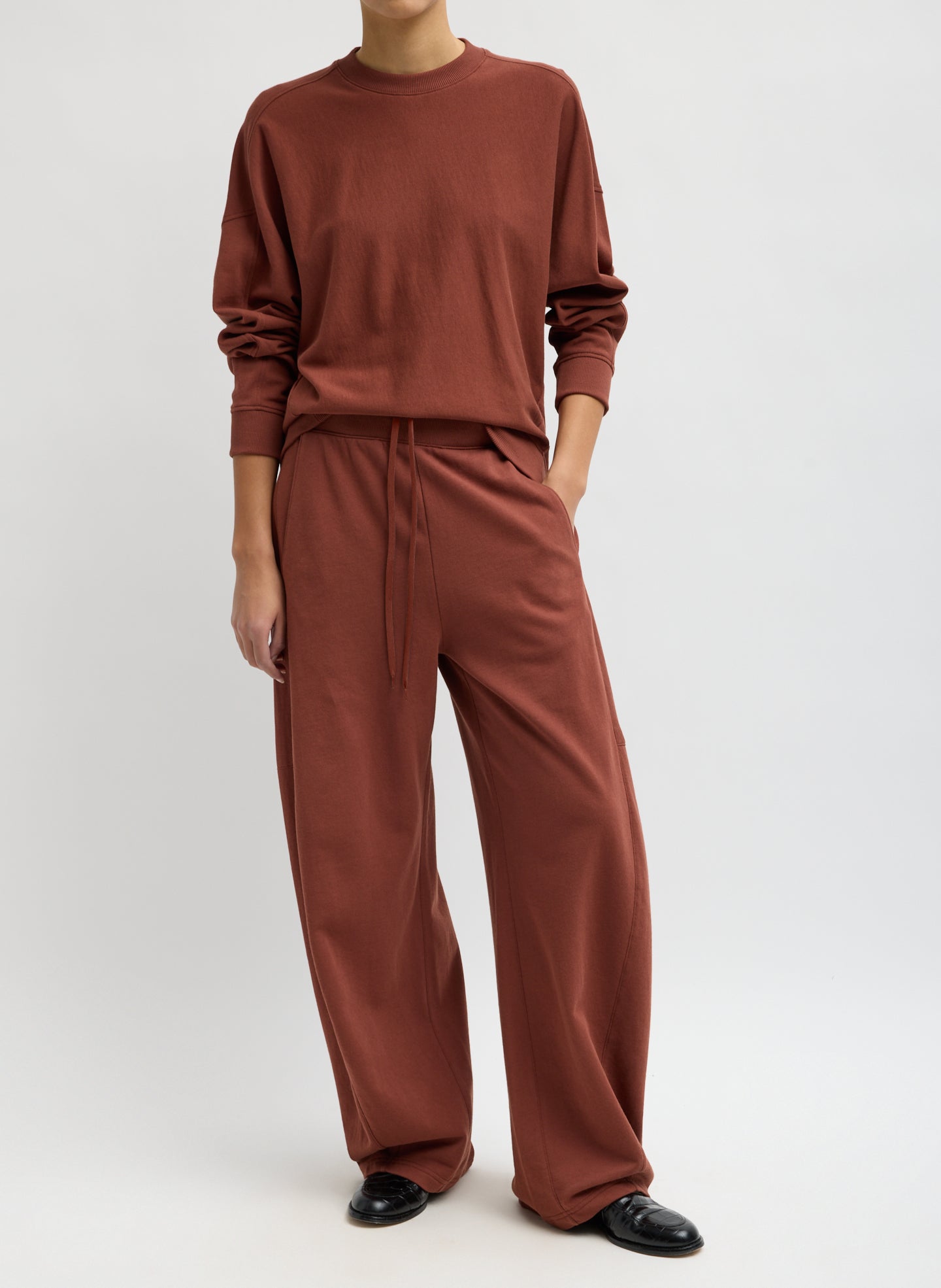 Red Clay Light Weight Sweatshirting Winslow Pant - barrel leg sweatpant, front view on model