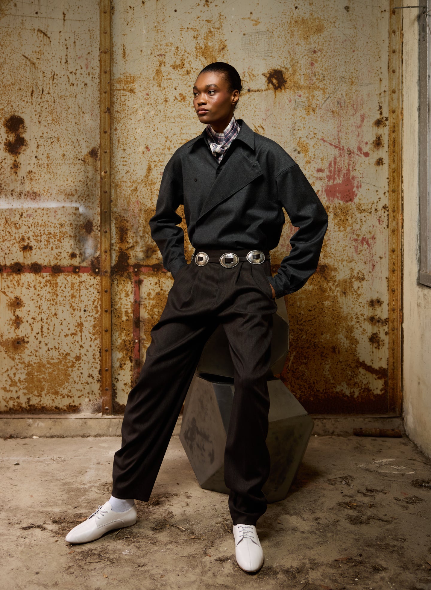 Dark Heather Grey Cozy Flannel Long Sleeve Shirt with Overlap Detail - editorial image on model