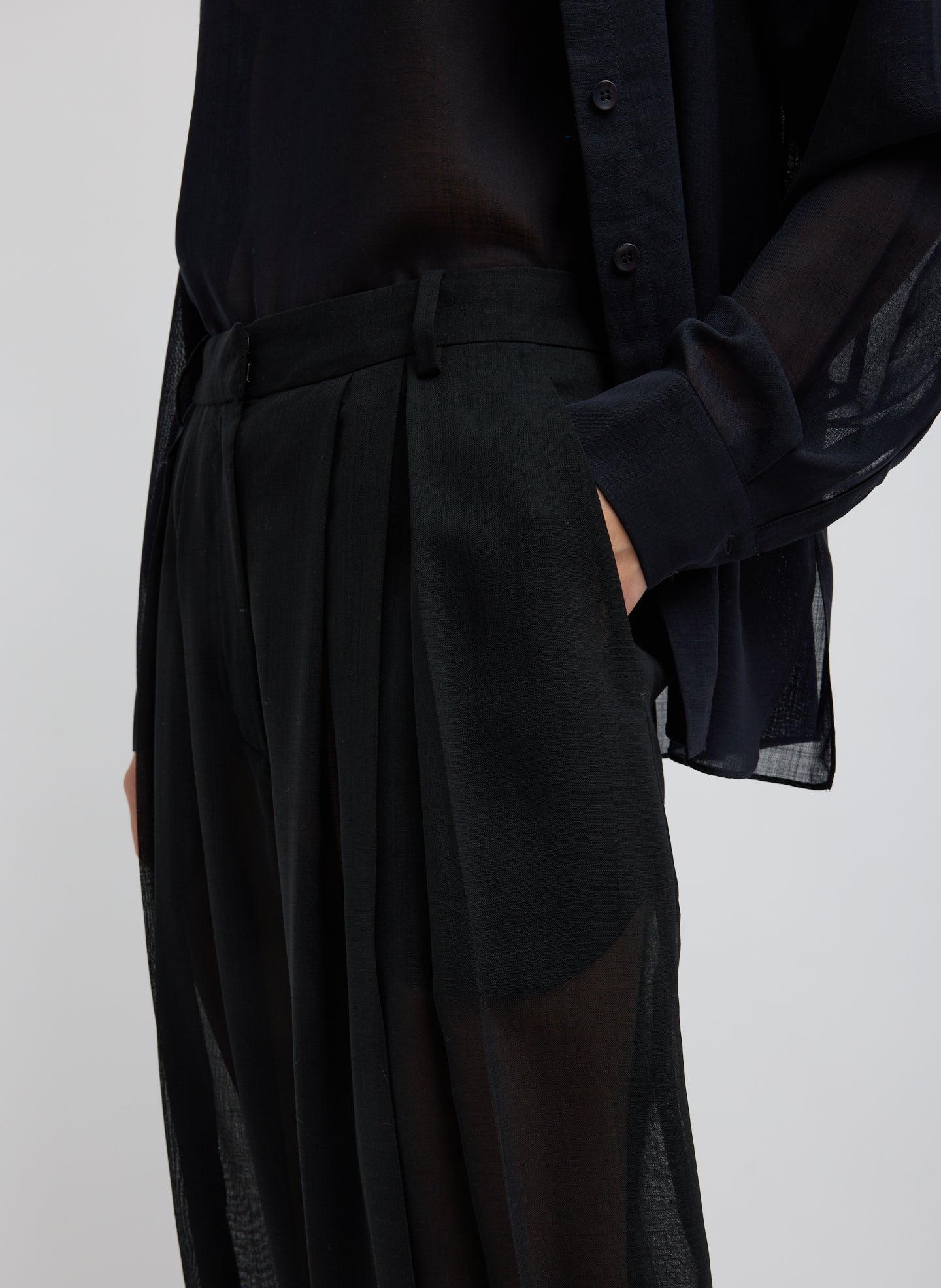 Black Sheer Wool Gauze Pleated Balloon Pant – closeup of side pocket detail