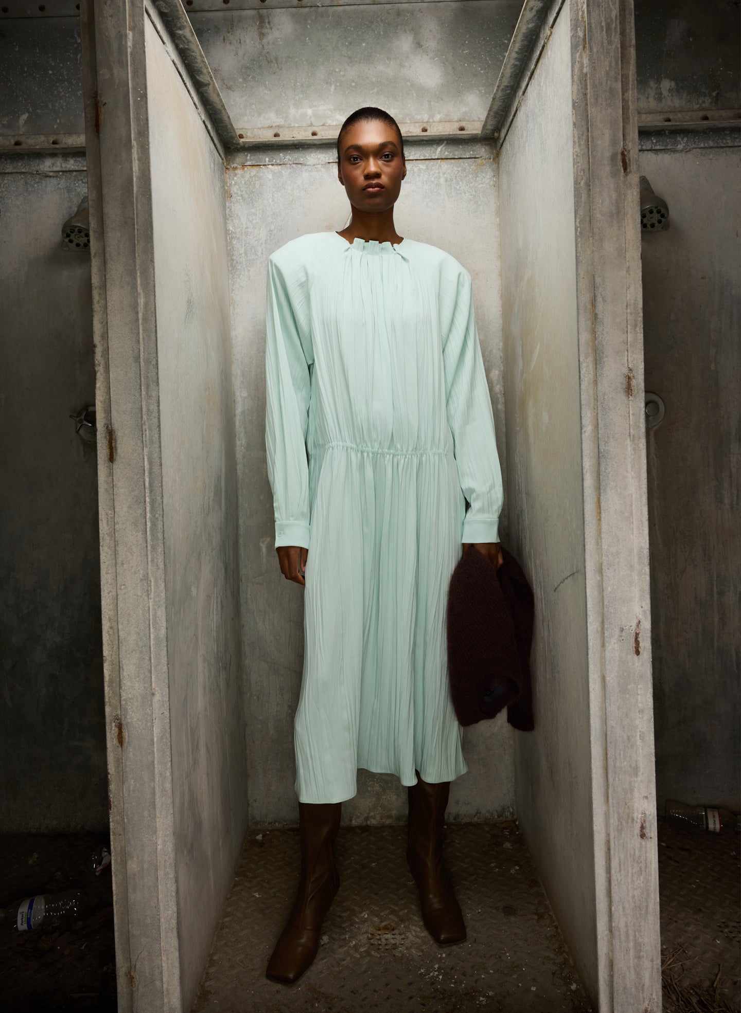 Mint Creased Acetate Drape Merryl Dress - editorial image on model