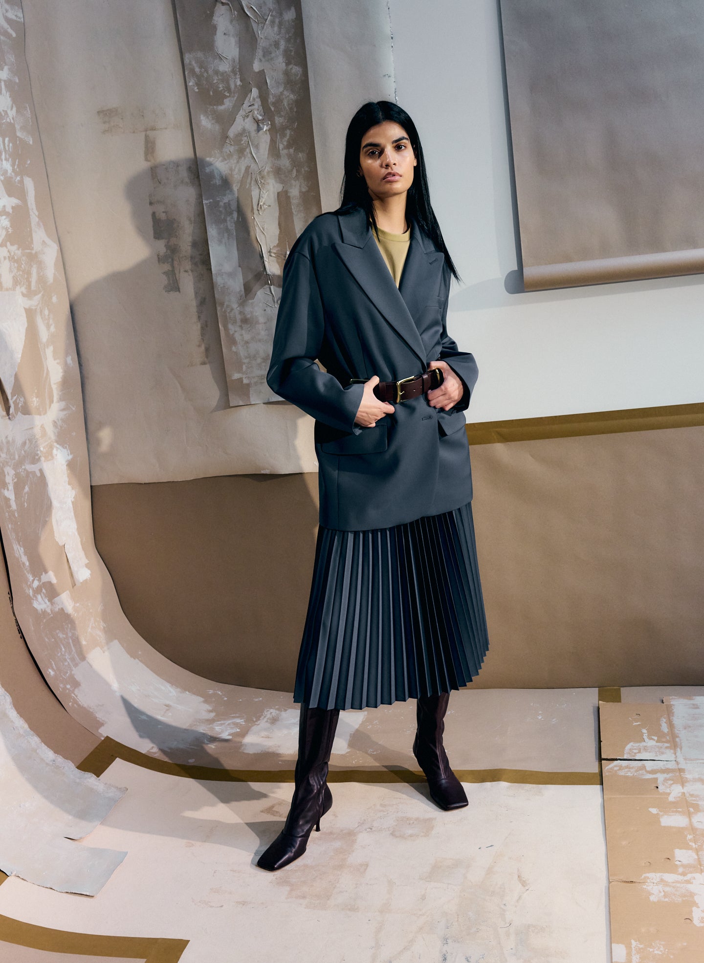 Blue Fog Tropical Wool Pleating Sunray Skirt - pleated midi skirt, editorial image on model
