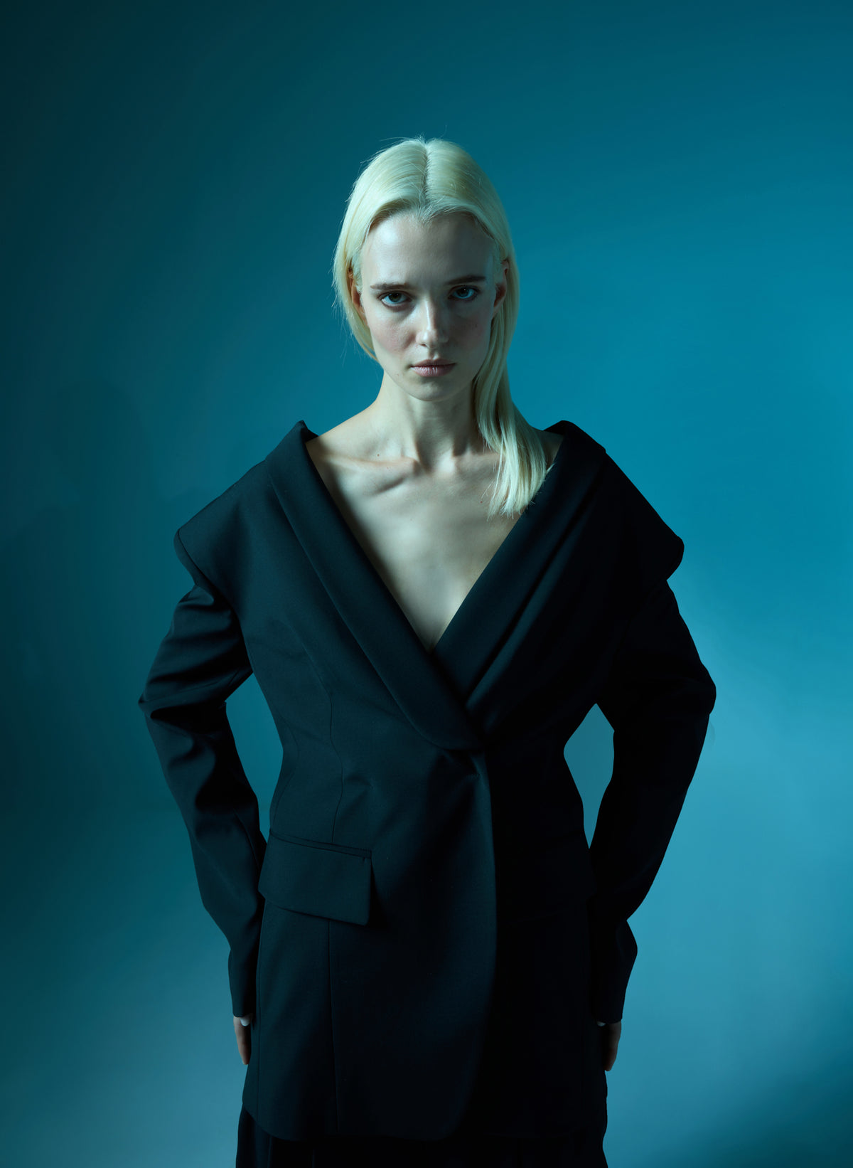 Black Recycled Tropical Wool Tuxedo Zip Blazer - editorial image on model