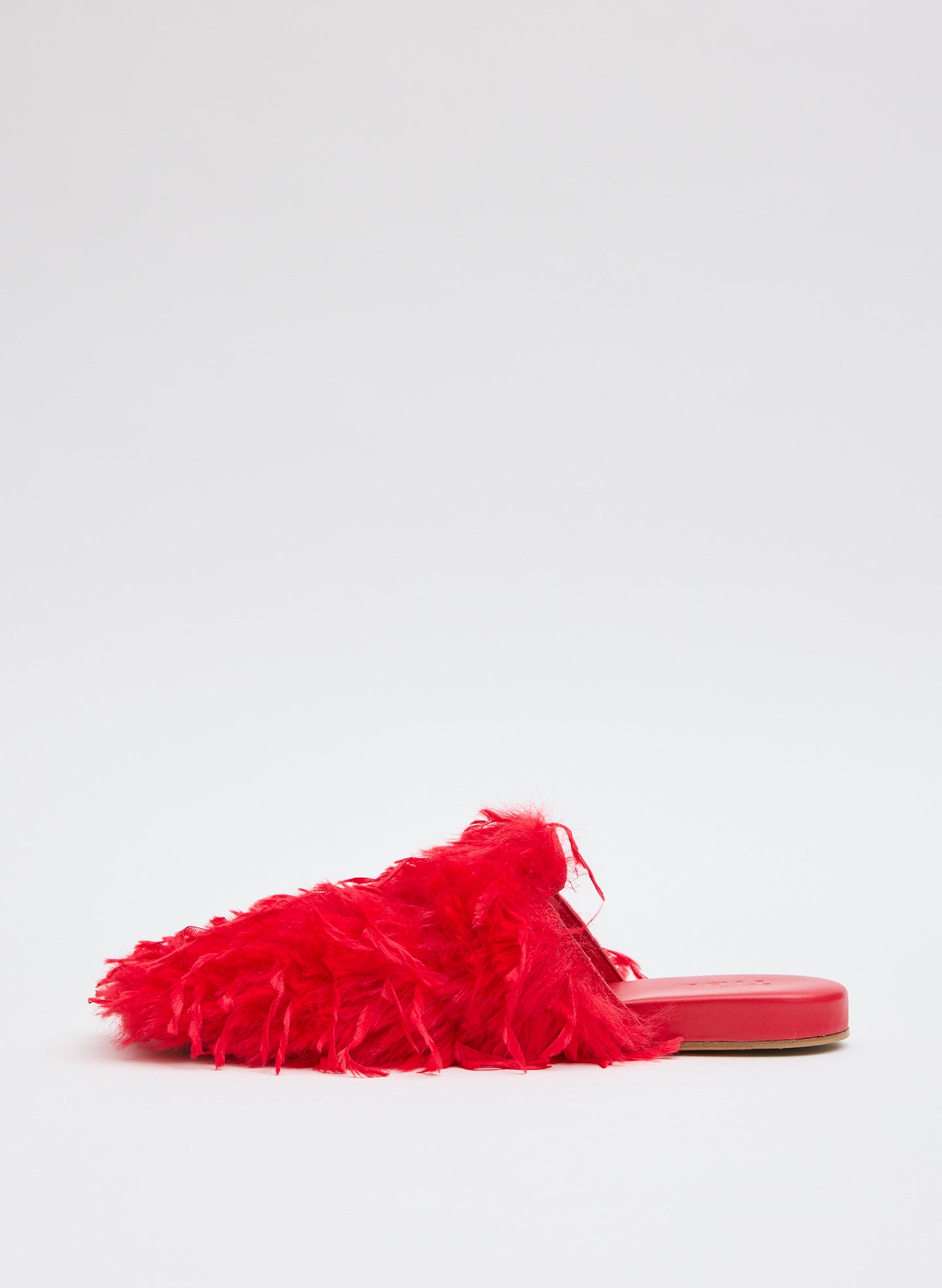 Faux Feather Granger Slide - Red Faux Feather Granger Slide - feathered slides, side view 