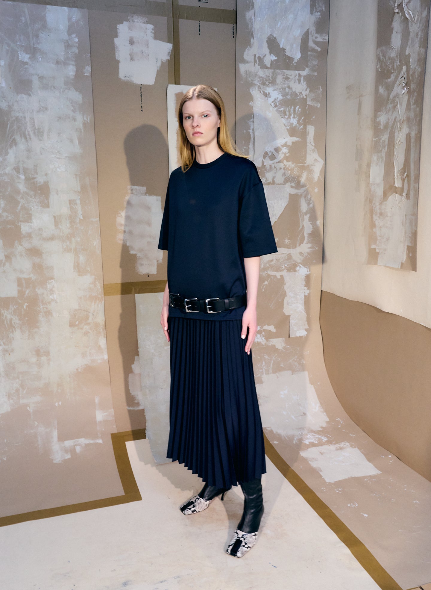 Navy Active Knit Easy T-Shirt + Sunray Skirt - editorial image on model