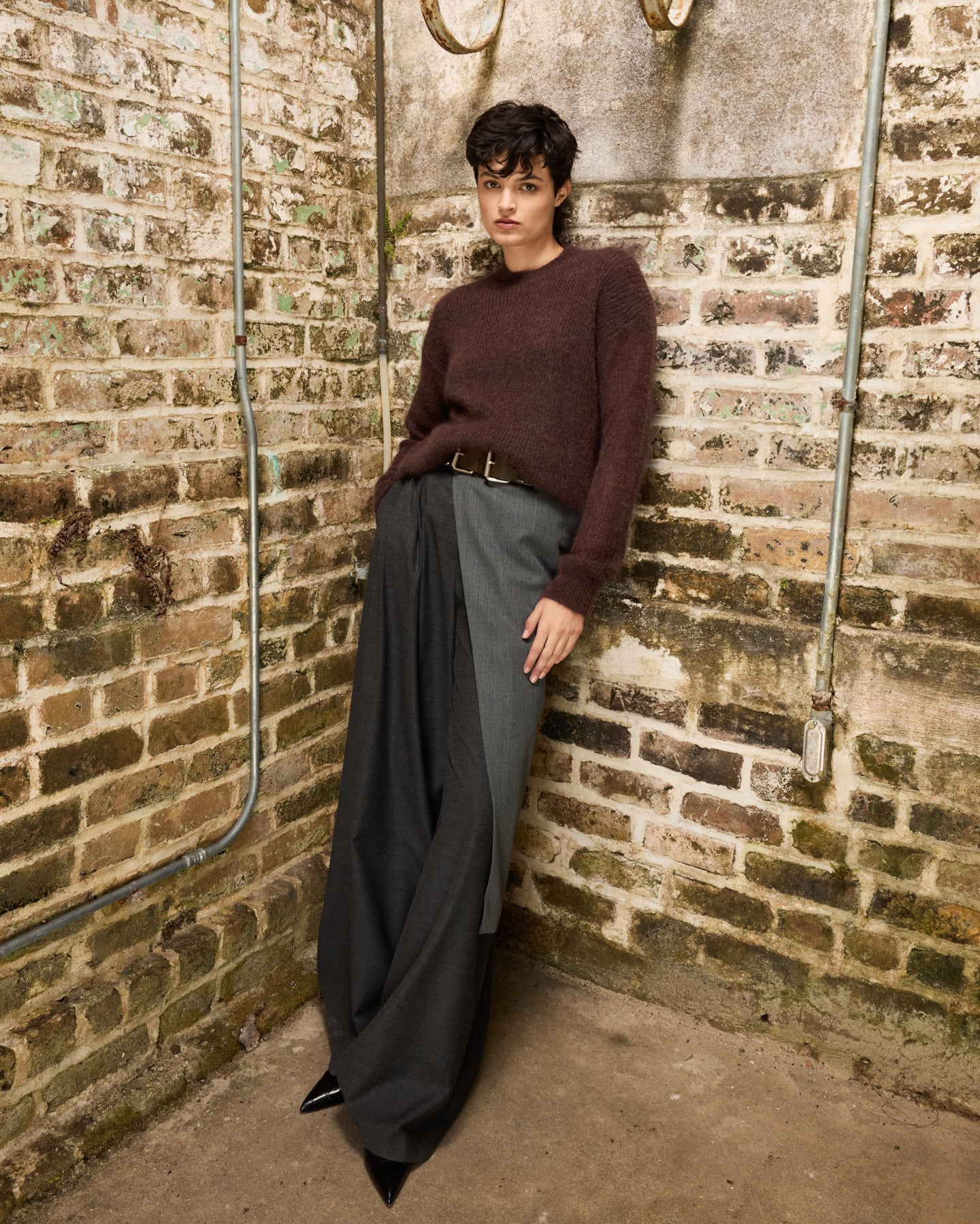Dark Heather Grey Cozy Flanner Triple Pleat Pant - editorial image on model