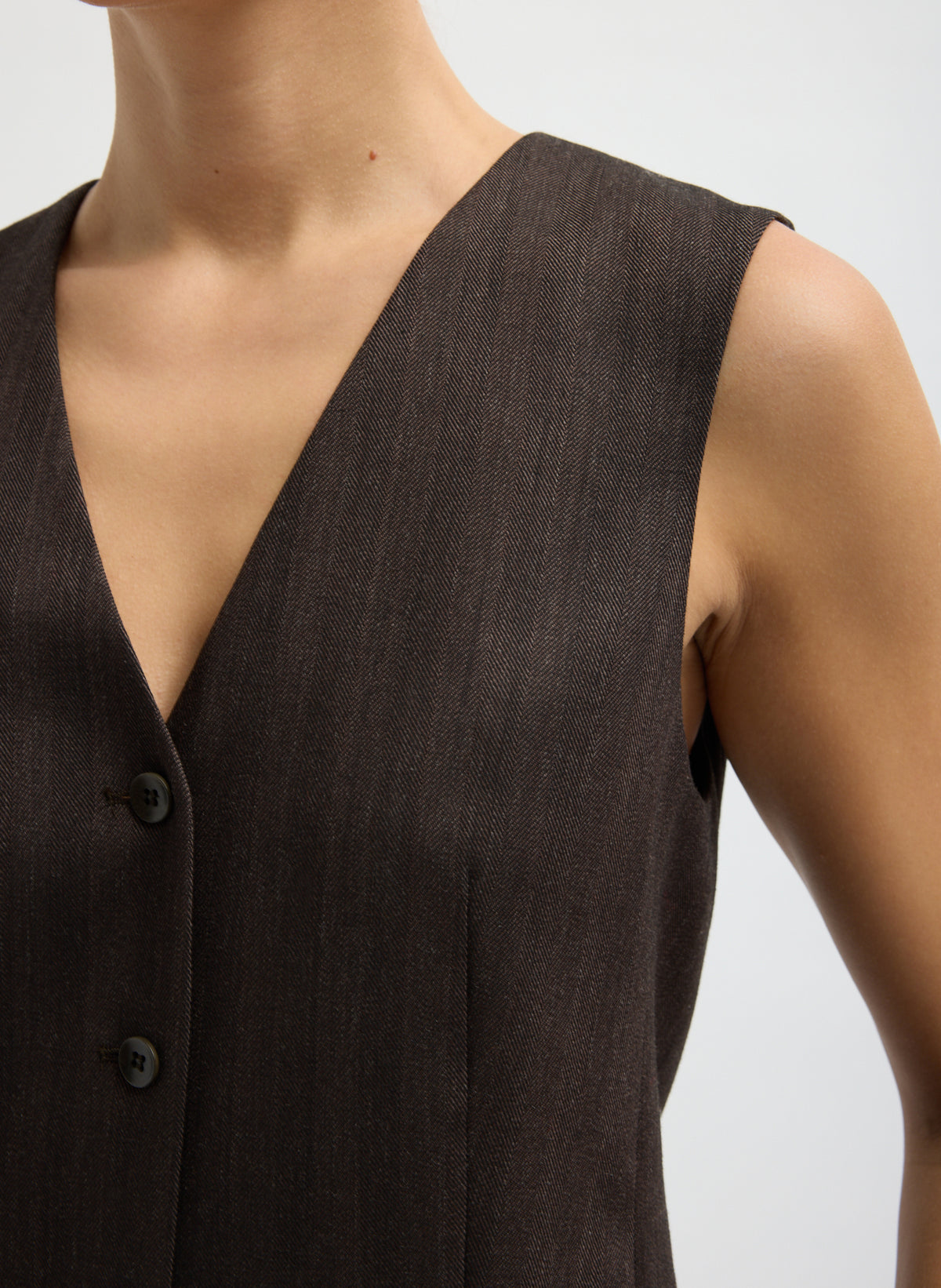 Brown Herringbone Suiting Vest - closeup of herringbone fabric