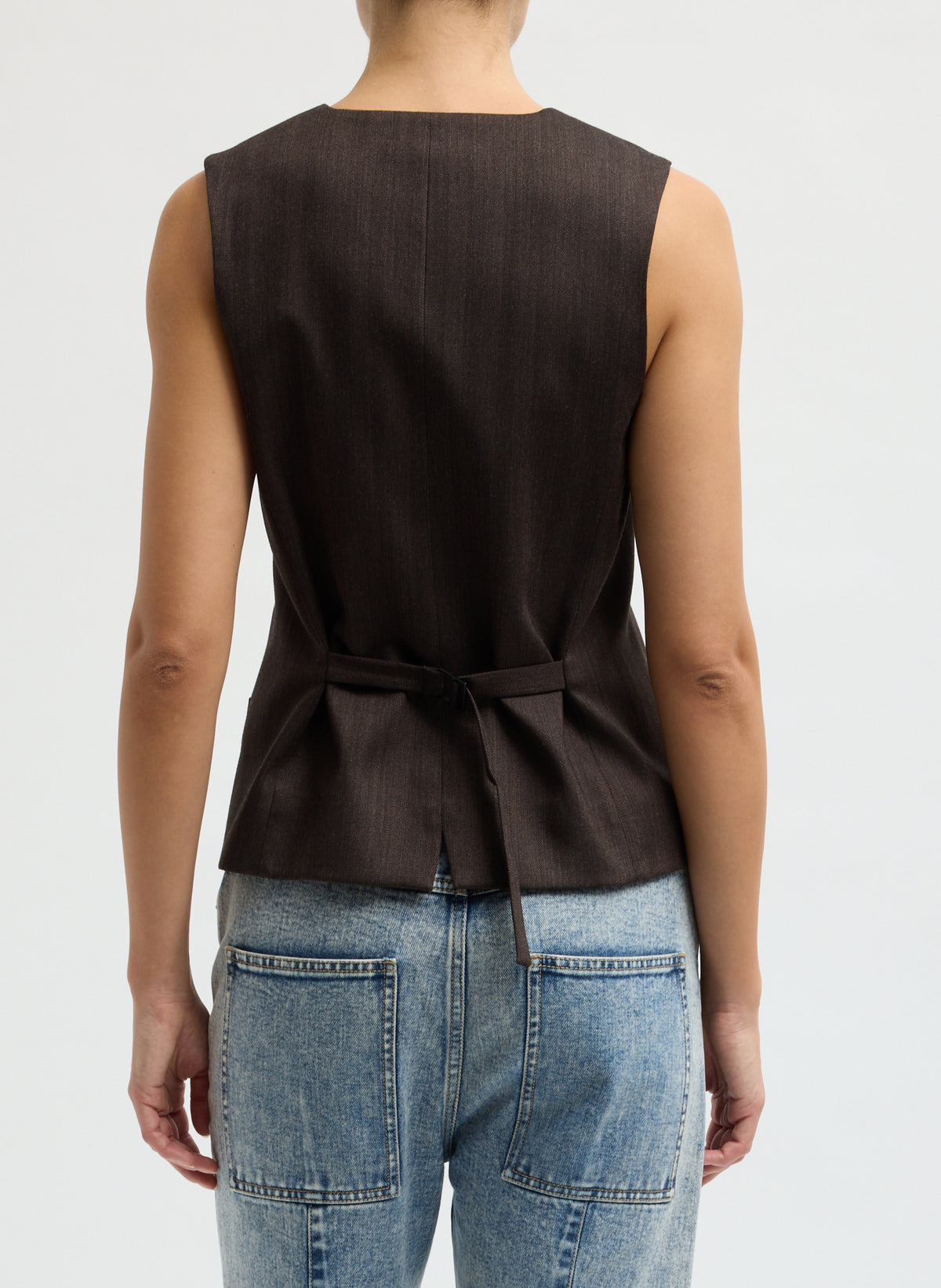 Brown Herringbone Suiting Vest - back view on model