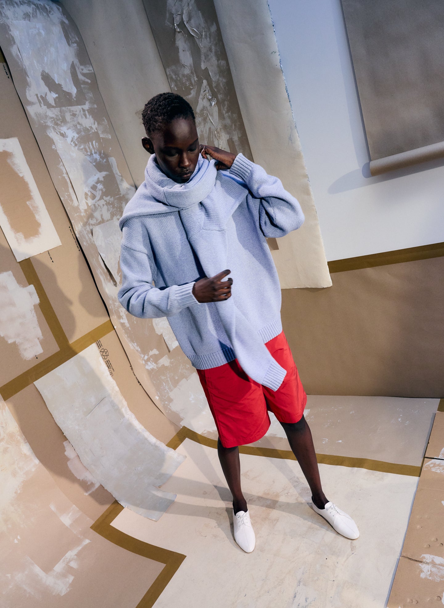 Light Blue Cotton Wool Crewneck Pullover - editorial image on model