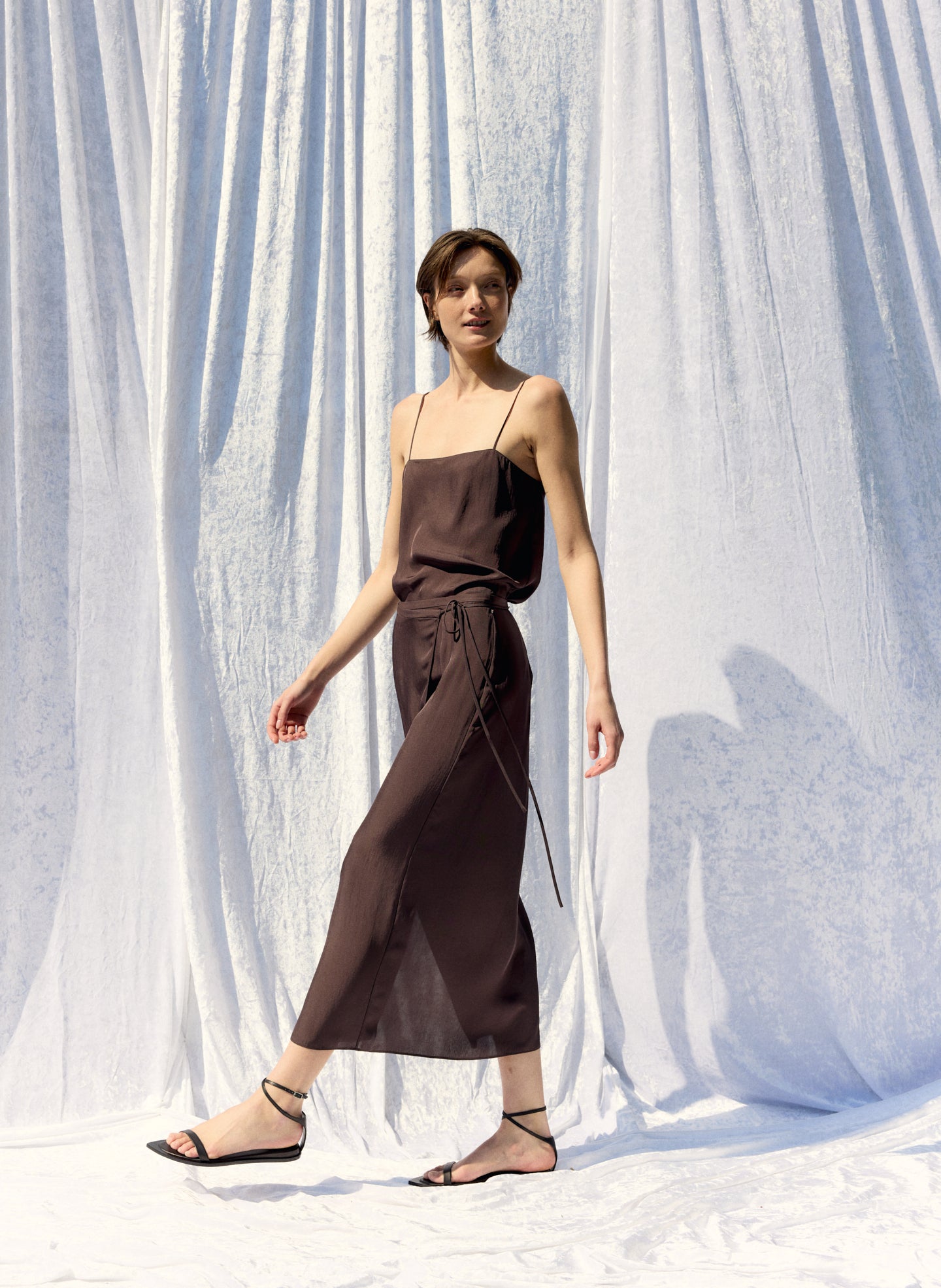 Chocolate Brown Summer Slip Wrap Skirt - editorial image on model