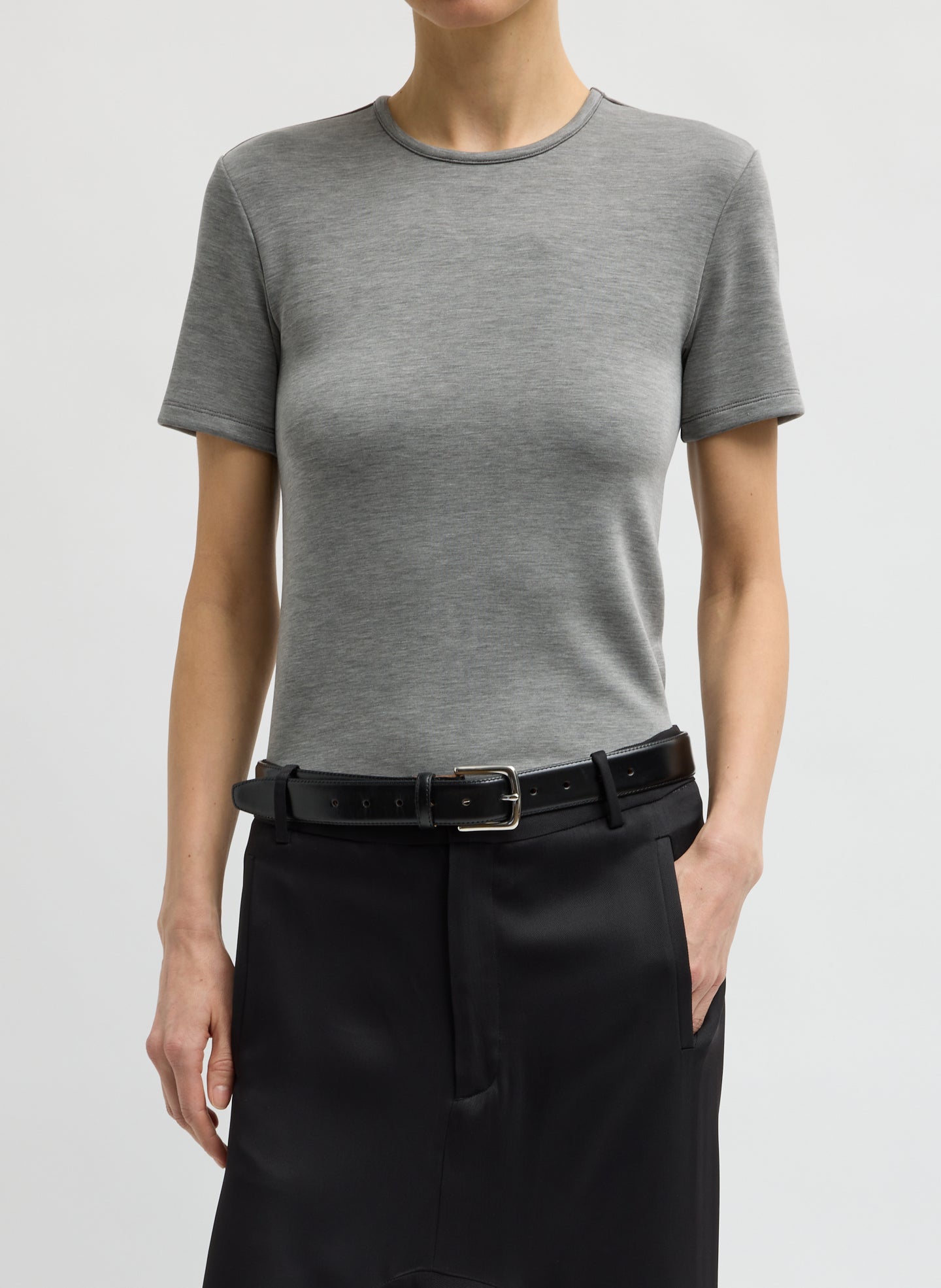 Grey Feather Weight Viscose Neoprene Short Sleeve T-Shirt - slim fit tee, front view on model