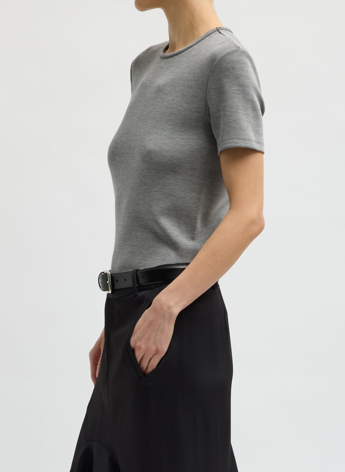 Grey Feather Weight Viscose Neoprene Short Sleeve T-Shirt - slim fit tee, side view on model
