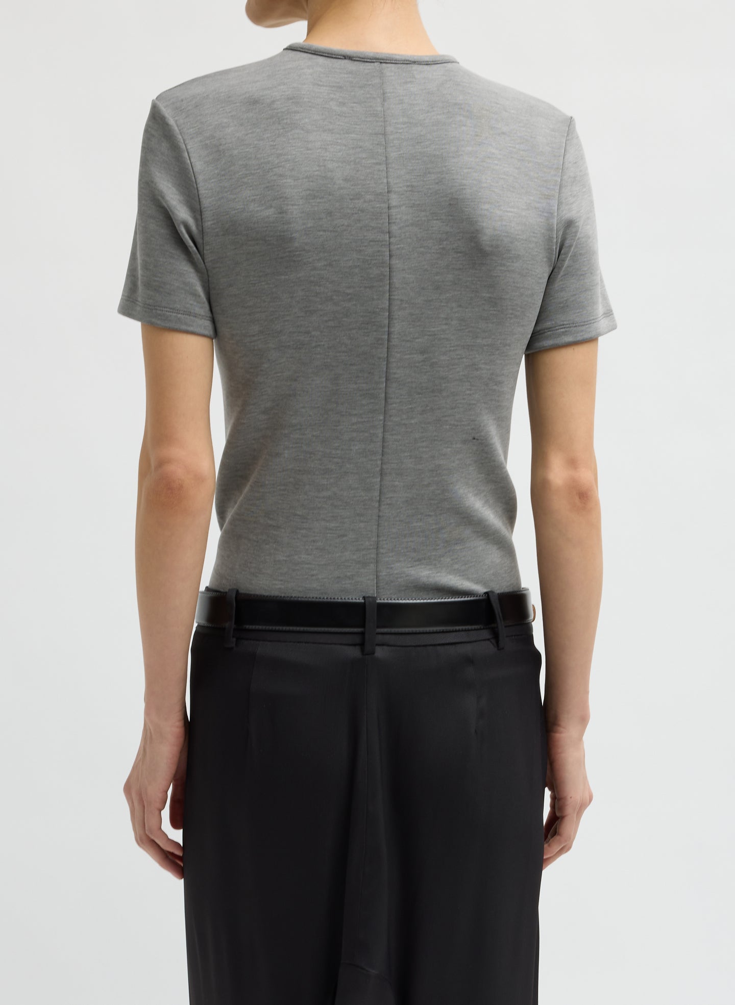 Grey Feather Weight Viscose Neoprene Short Sleeve T-Shirt - slim fit tee, front back view on model