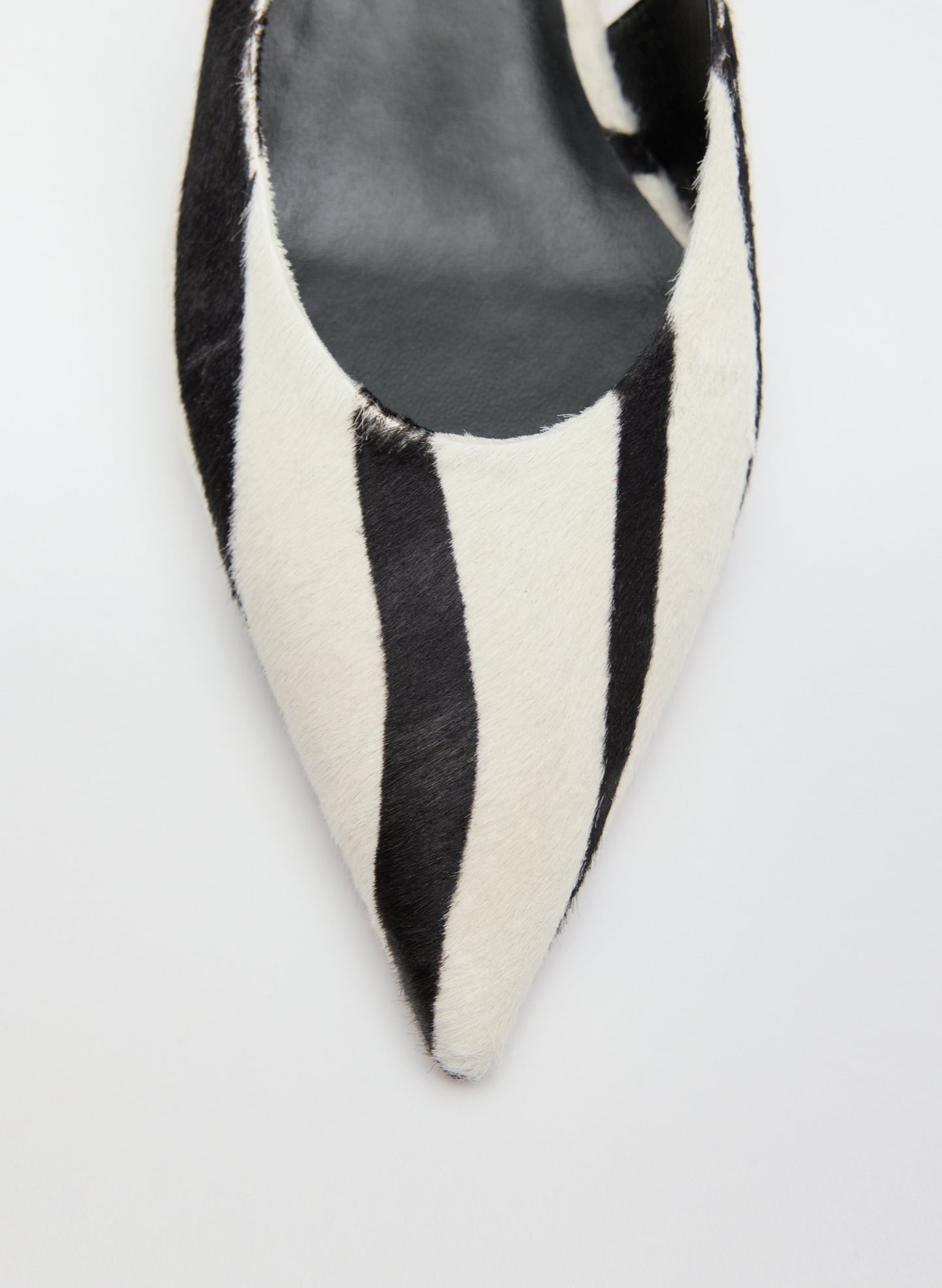 Black and White Zebra Print Calf Hair Gilbert Low Pump - closeup of toe detail