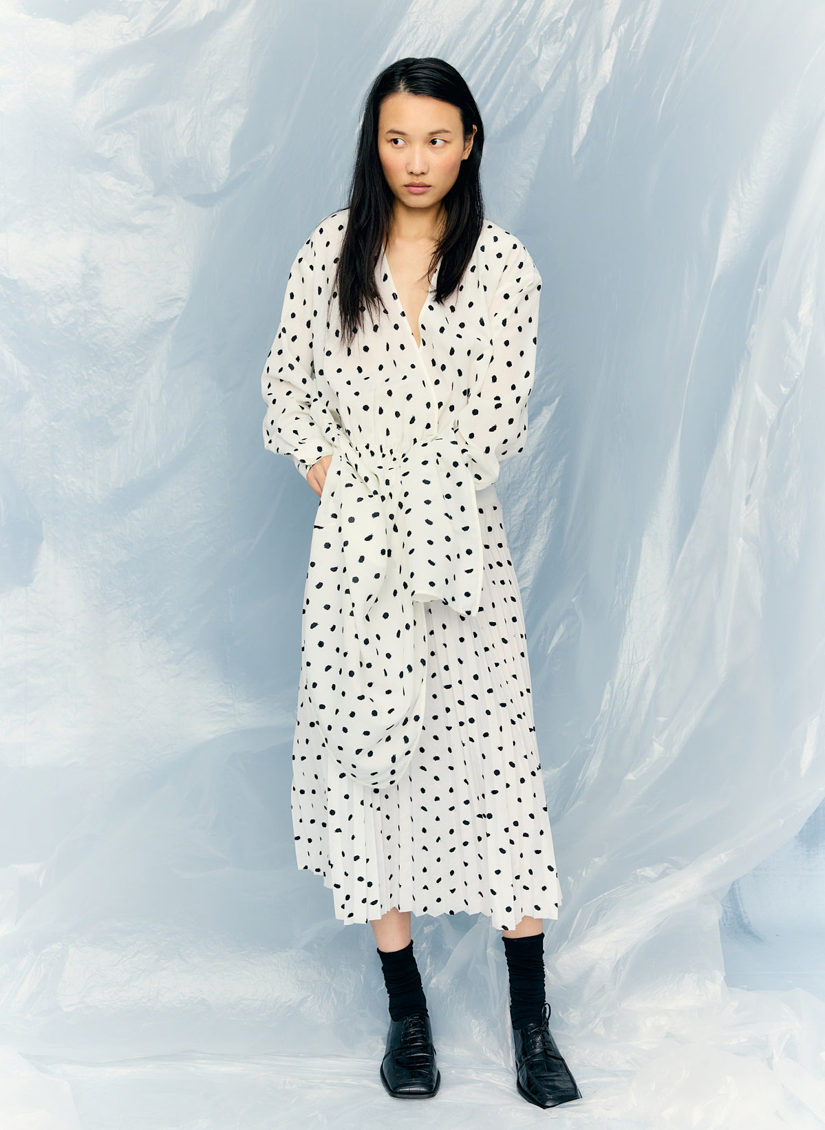 Scribble Dot Print Stretch Plisse Wrap Dress Tibi Official Scribble Dot Print Stretch Plisse Wrap Dress Tibi Official