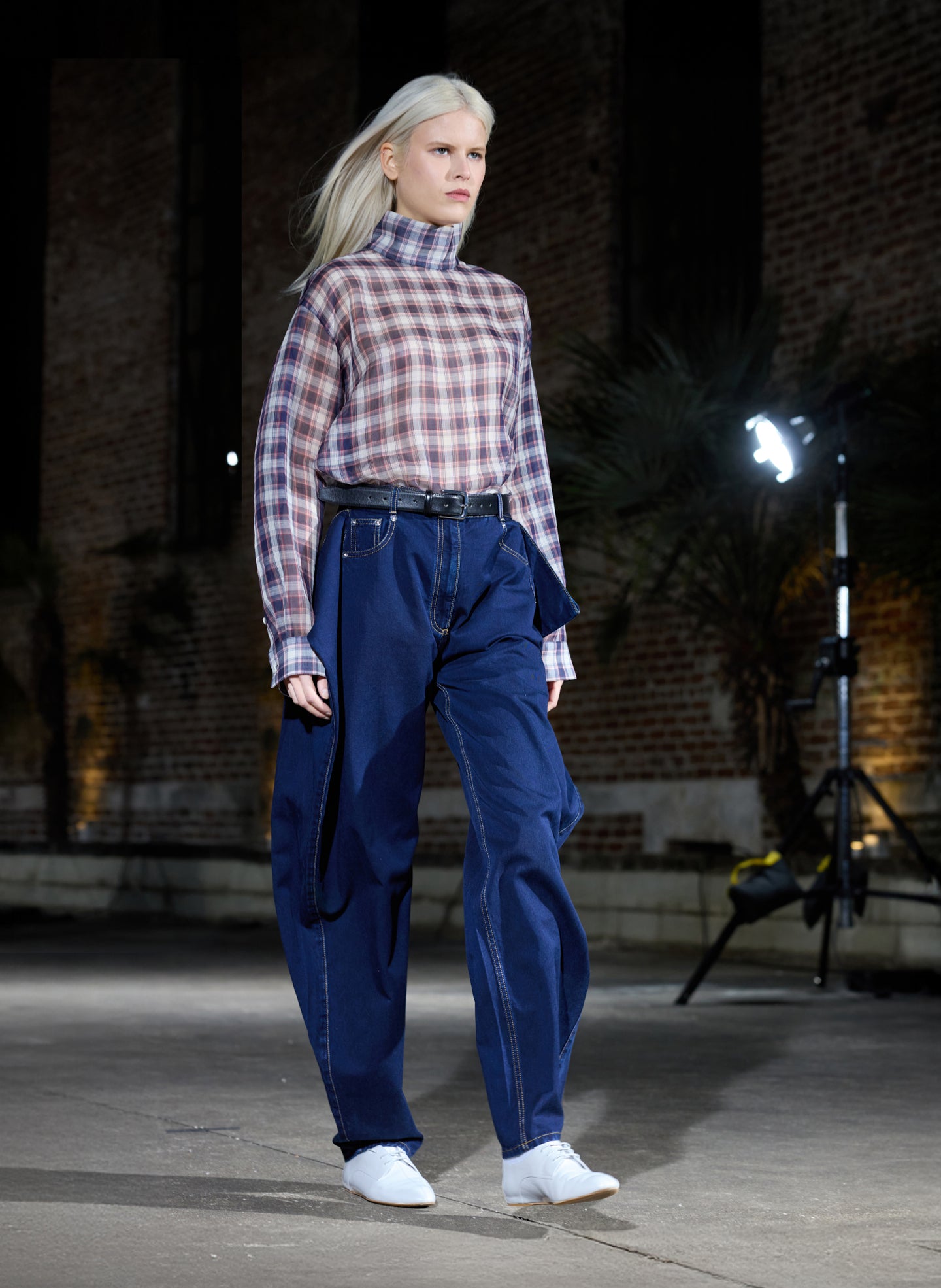 Indigo Tencel Cotton Denim Aleda Jean - barrel leg jean, editorial image on model