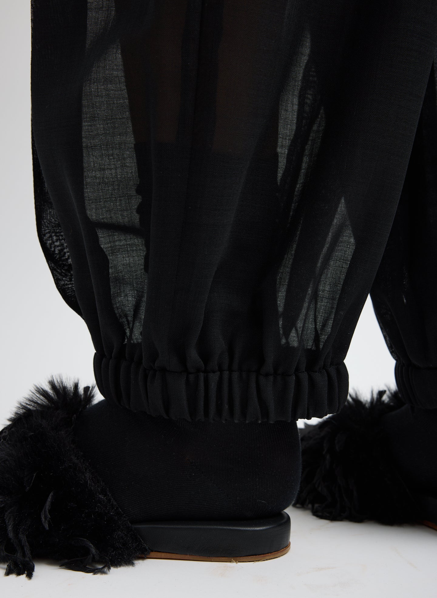 Black Sheer Wool Gauze Pleated Balloon Pant – closeup of hem detail