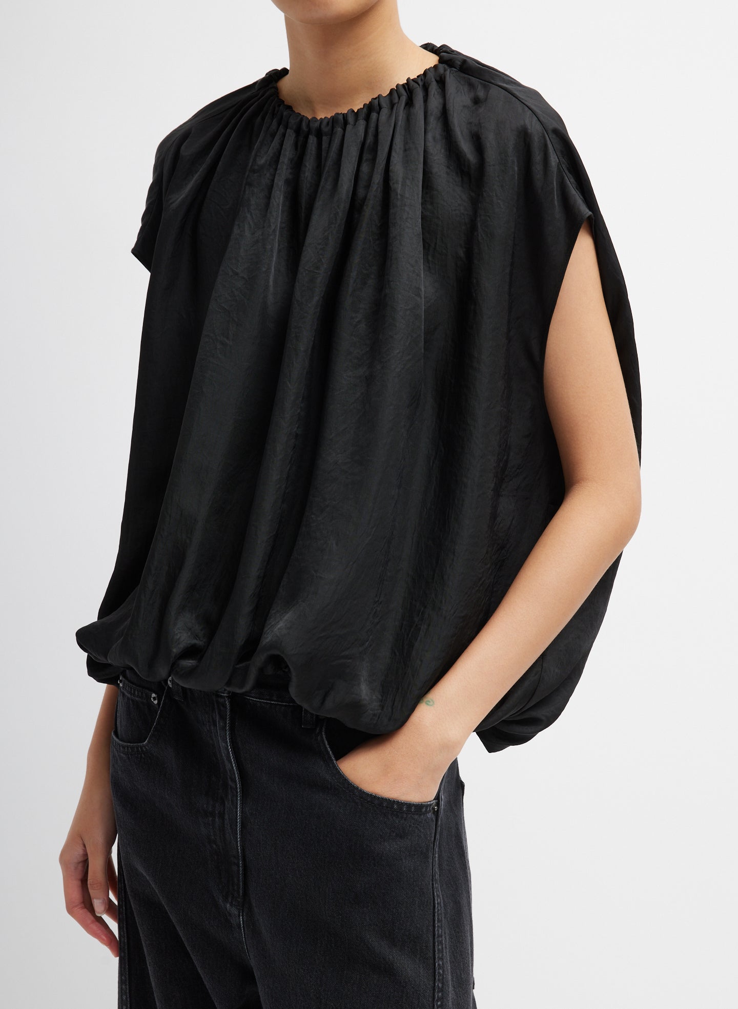 Light Weight Acetate Shirred Neck Circular Top - Black-1