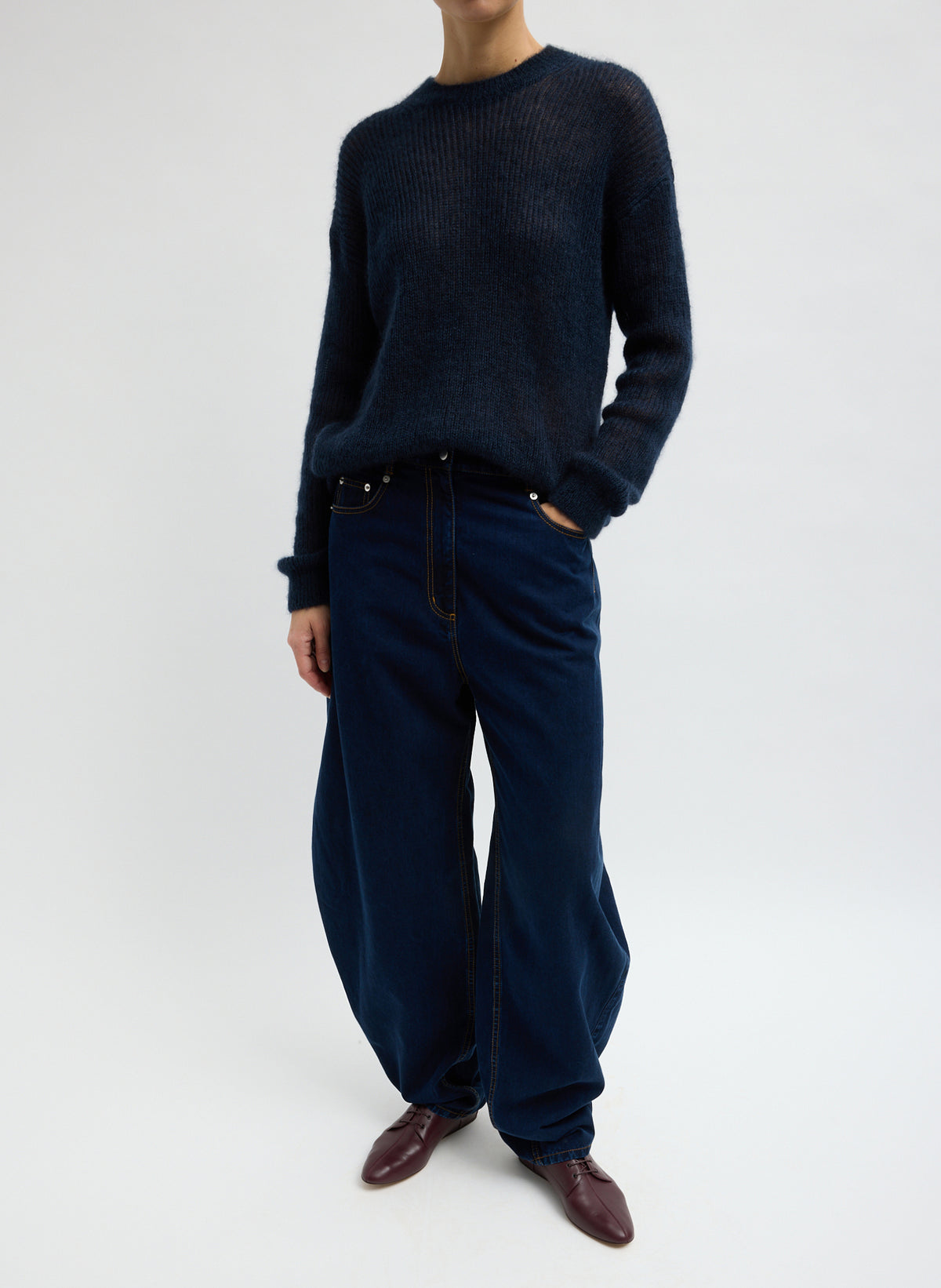 Indigo Tencel Cotton Denim Aleda Jean - barrel leg jean, front view on model