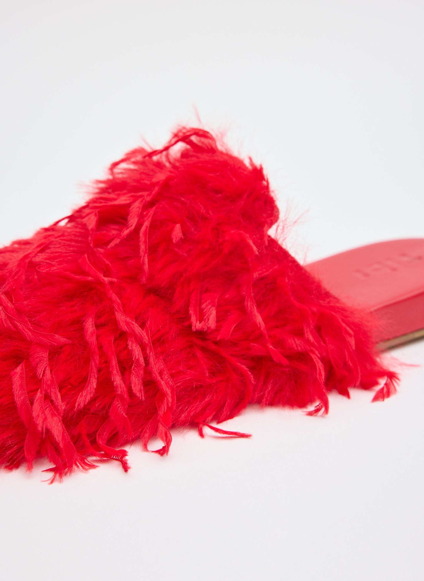 Red Faux Feather Granger Slide - feathered slides, closeup view 