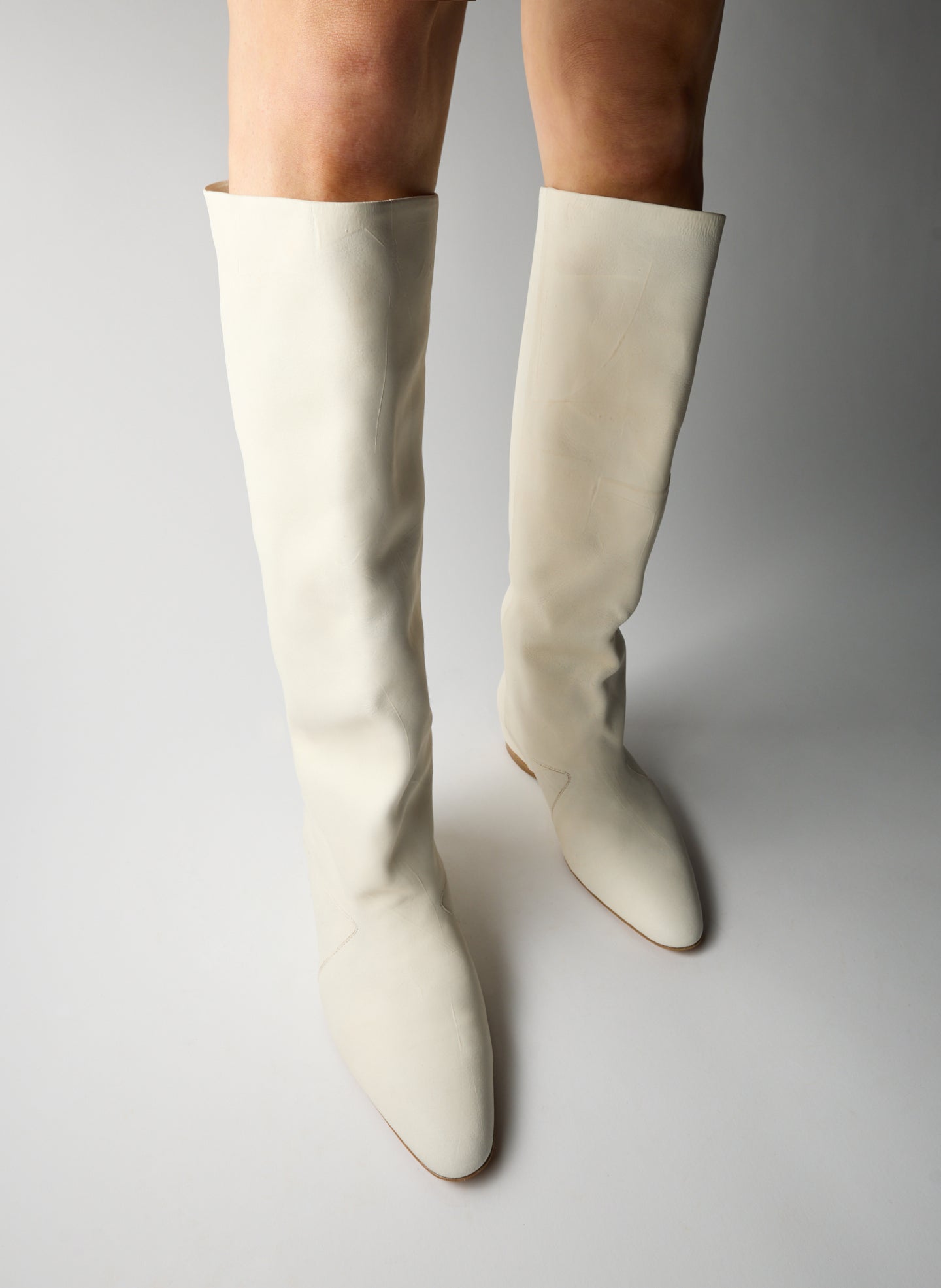Jasper White Kuda Boot - slouchy, knee-high leather boot, on model