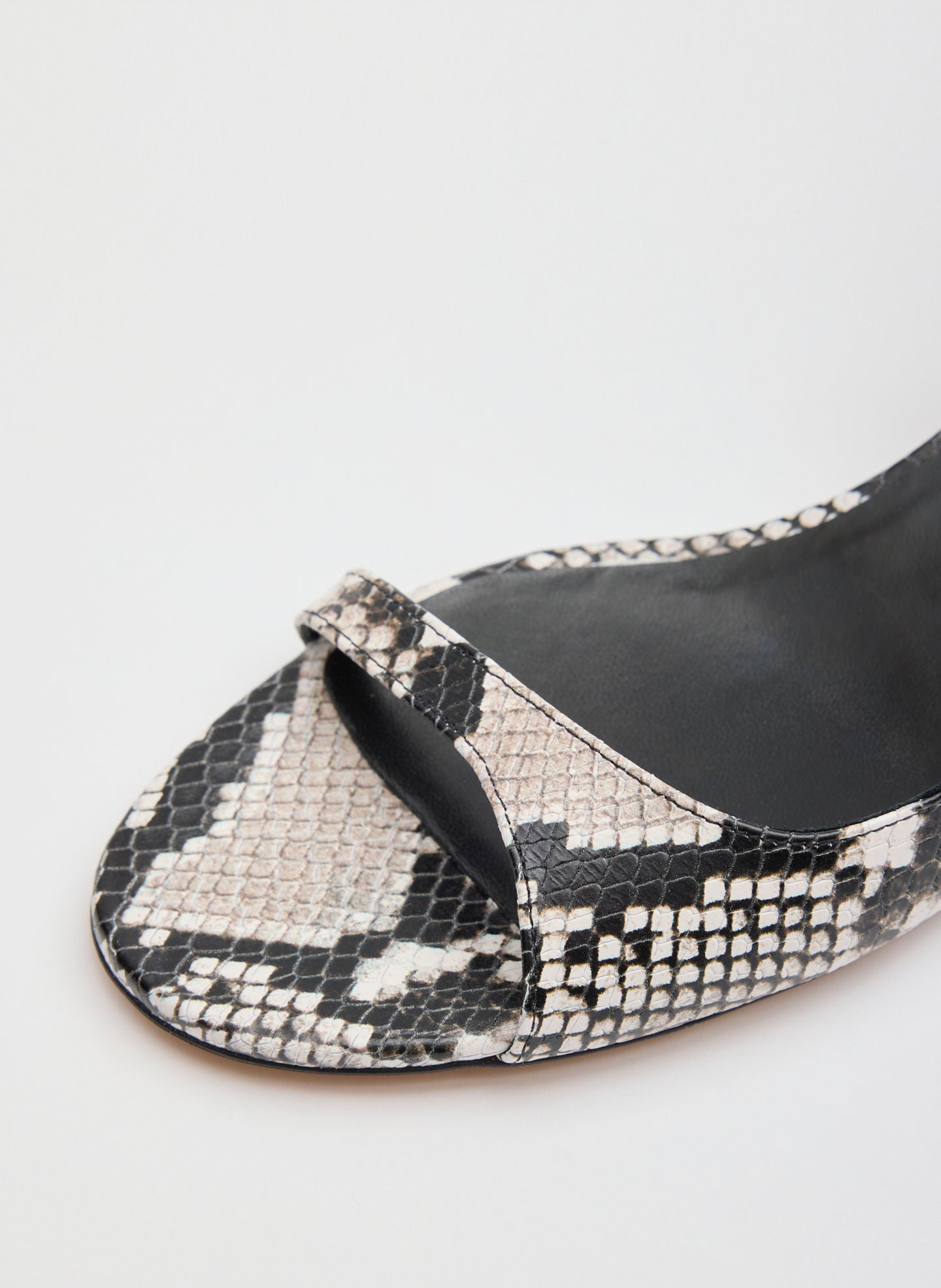 Black and White Snake Embossed Open Toe Heel - closeup of snake embossed material