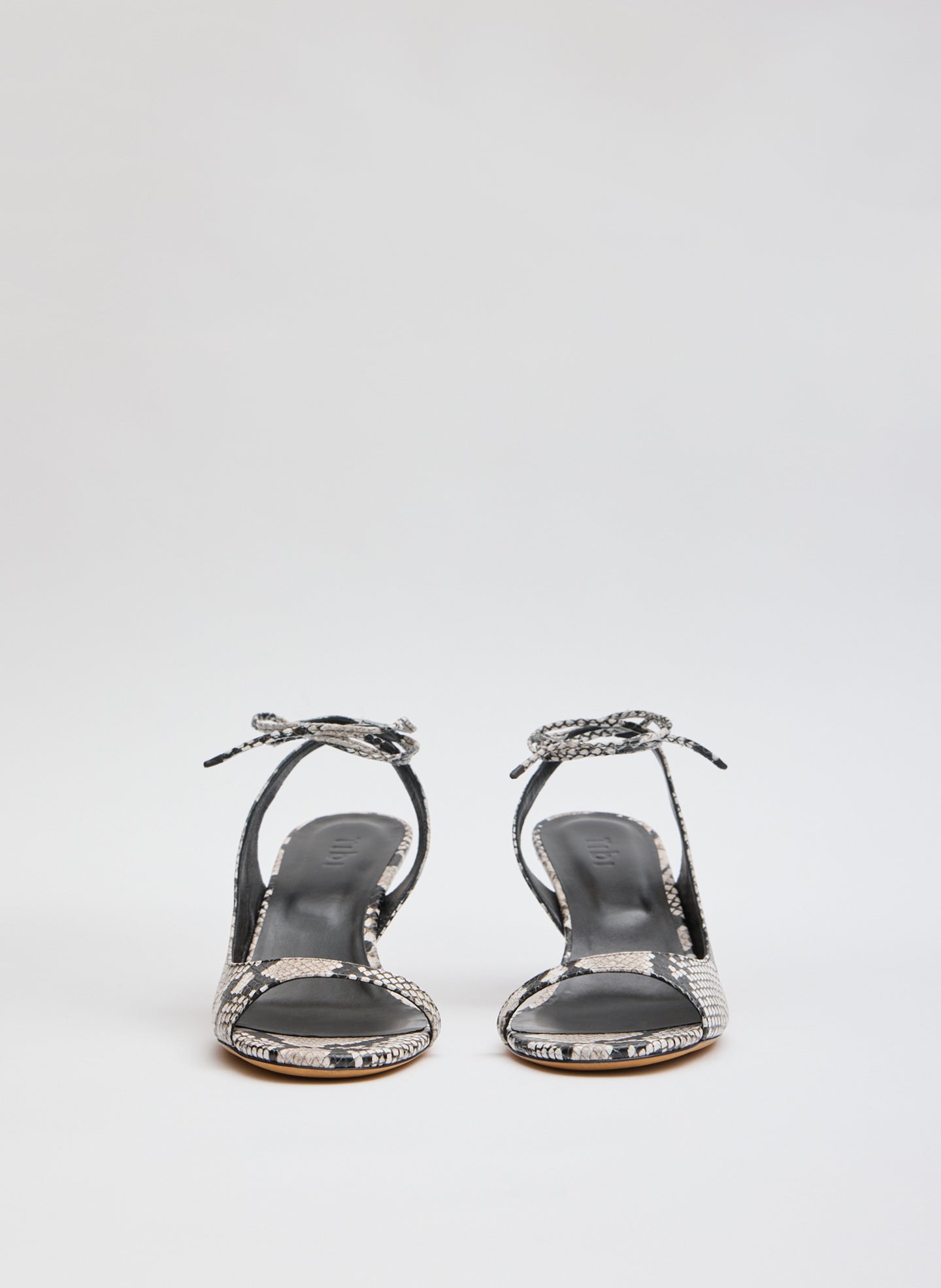 White and Black Snake Embossed Leather Open Toe Harrington Heel - front view
